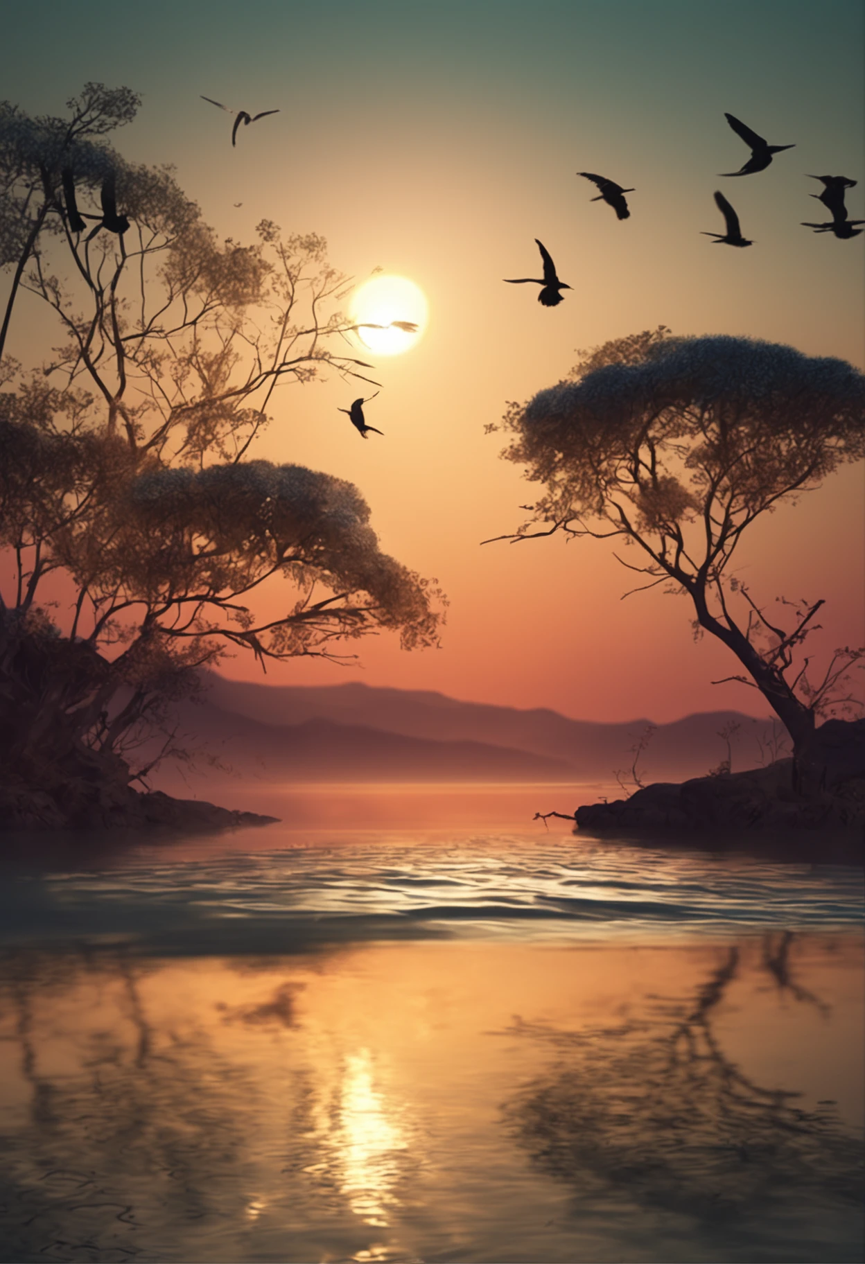 Peaceful scenery at dawn, Soft golden tones depict the horizon as birds sing, Image in 2560 x 1440 pixel format