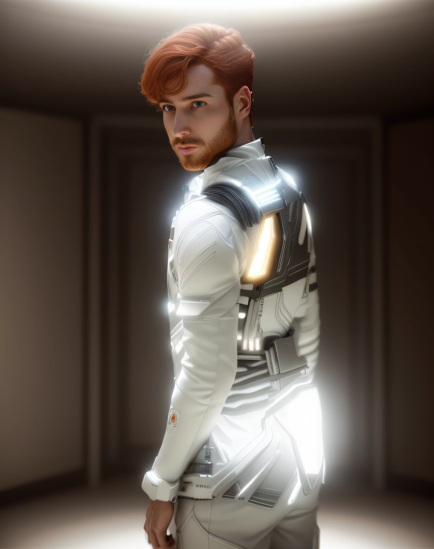 (masterpiece), (extremely intricate:1.3), (realistic), portrait, the most beautiful artwork in the world, cinematic lighting, octane render, unreal engine, volumetrics dtxa portrait photography of a gorgeous redhead in open unbuttoned white space suit, standing inside spaceship, looking at viewer, detailed skin, highly detailed, diffused soft lighting, hyperrealism, cinematic lighting, dark studio, rim lighting, two tone lighting, dimly lit, low key