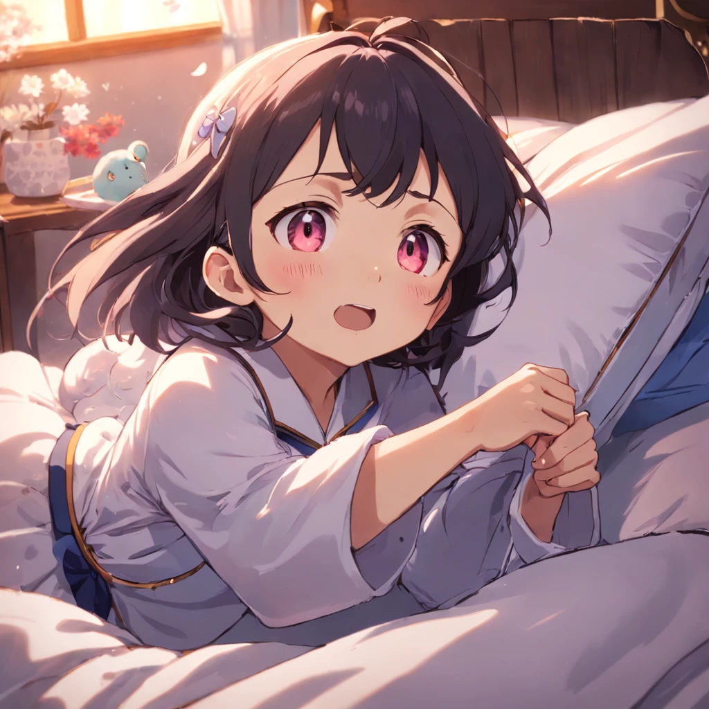 uma nua no estilo anime deitada em uma cama sorrindo
