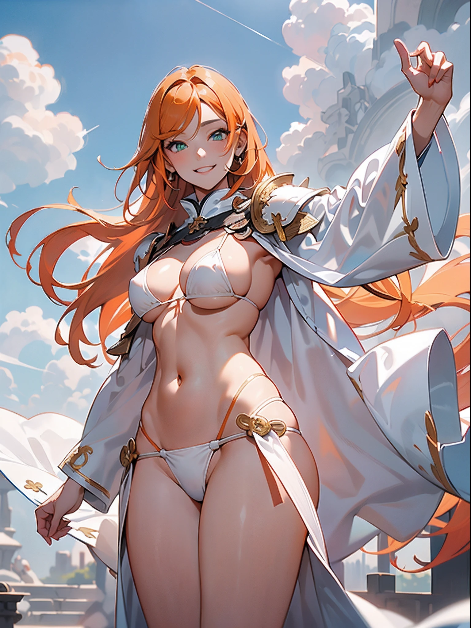 Fantasy,1girl in,beautiful a girl,(((Long straight orange hair))),Beautiful detailed green eyes,((onmyouji)),((suikan)),armor,(Large white cloak with red decoration),(((Beautiful white micro bikini armor))),((smile)),Clear blue sky and beautiful clouds,((cowboy_shot)),Dance of Enchantment,dynamic angles
