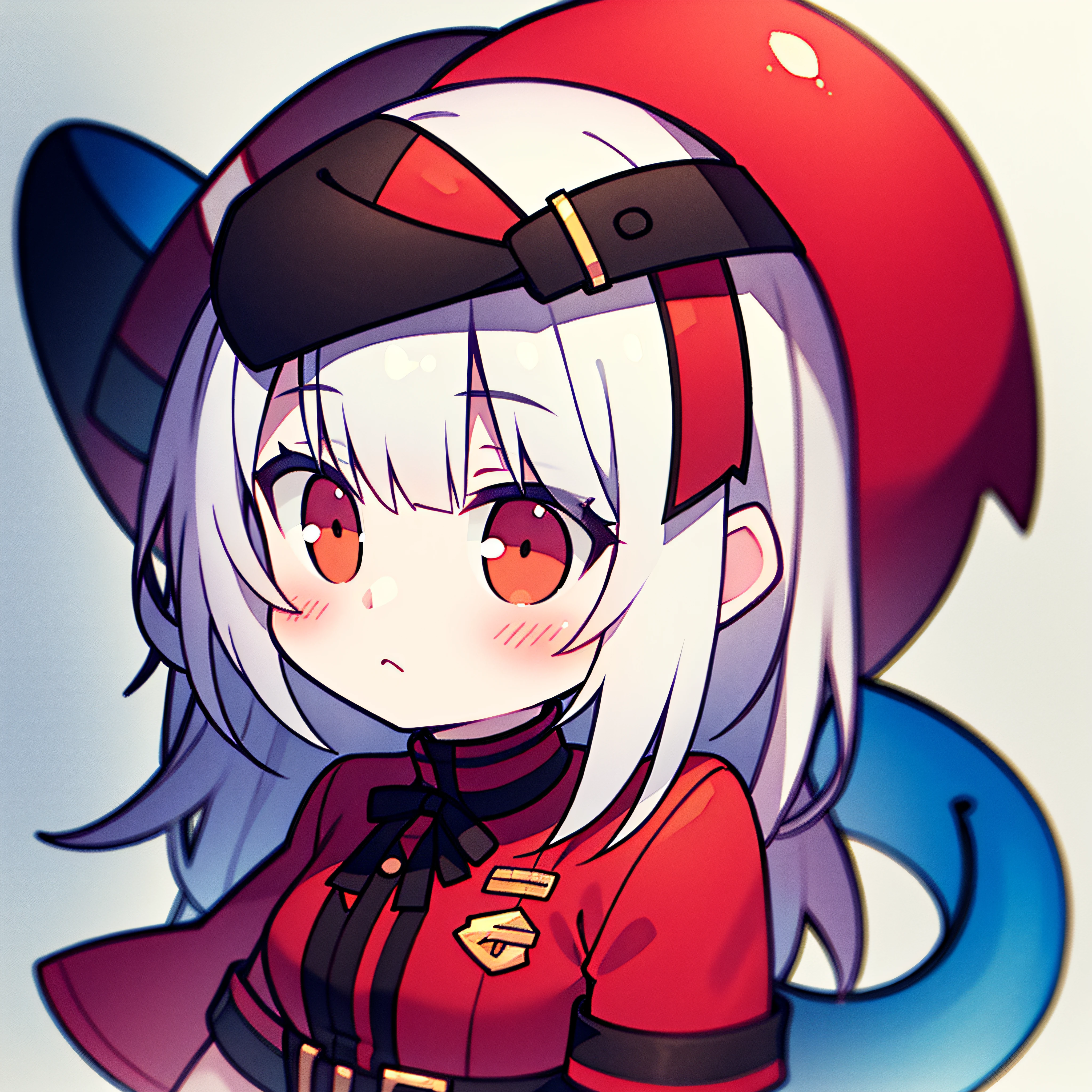 fish on the head, solo, 1 girl, looking at viewer, upright, concept art, white background, simple background, white hair, red gradient hair, short sleeves, watercolor pencil, expressionless, blush, virtual youtuber