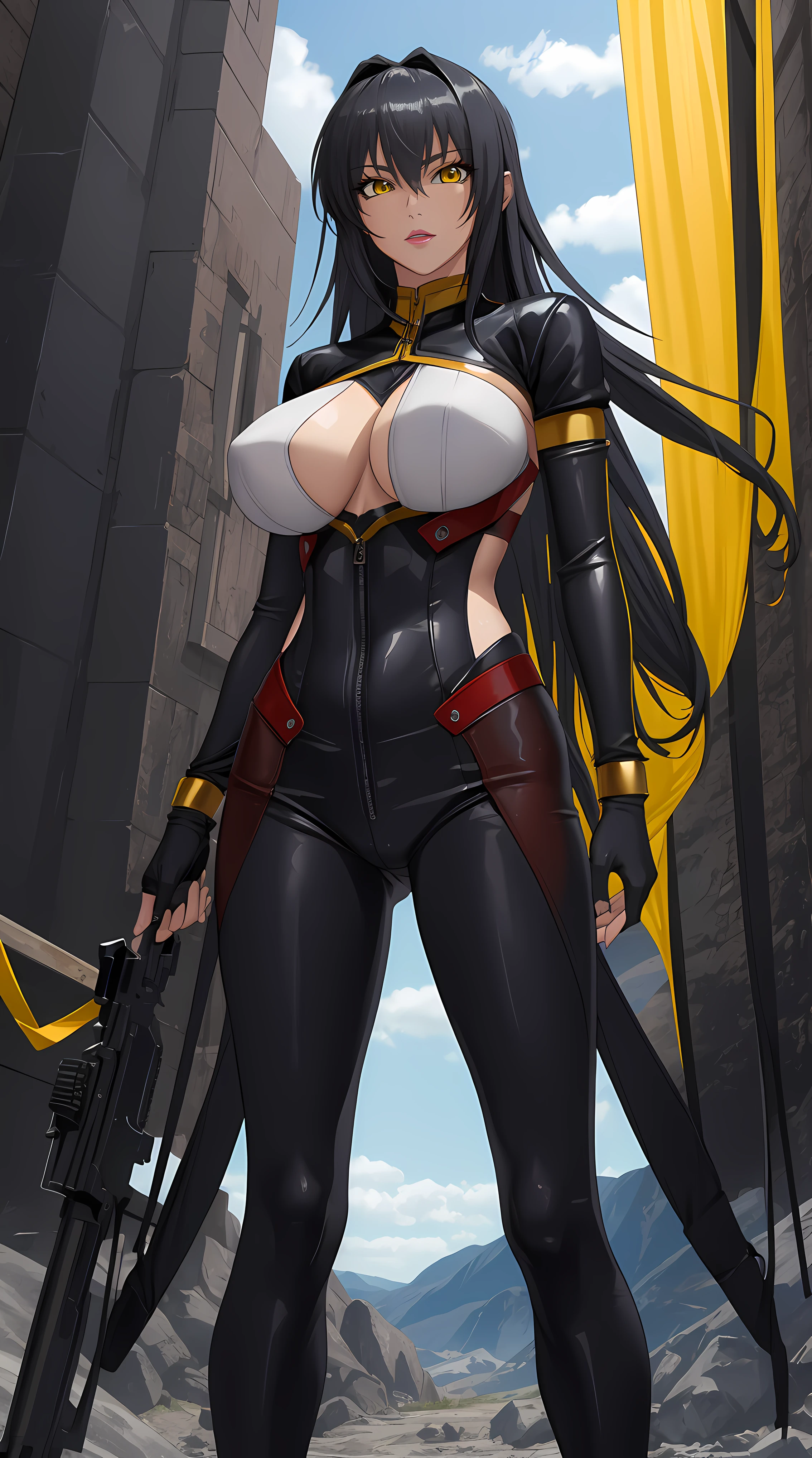 Annerose, 1girl, female mature, black hair, long hair, yellow eyes, large breasts, skin tight, hair intakes, (exquisite character details, beautiful lips, beautiful yellow eyes, beautiful face, beautiful and properly clothed), extremely detail unity 8k wallpaper, (solo:1.5), extremely detail background, stand on the edge of high mountain with day sky view, (bodysuit, fully suited, closed clothes)