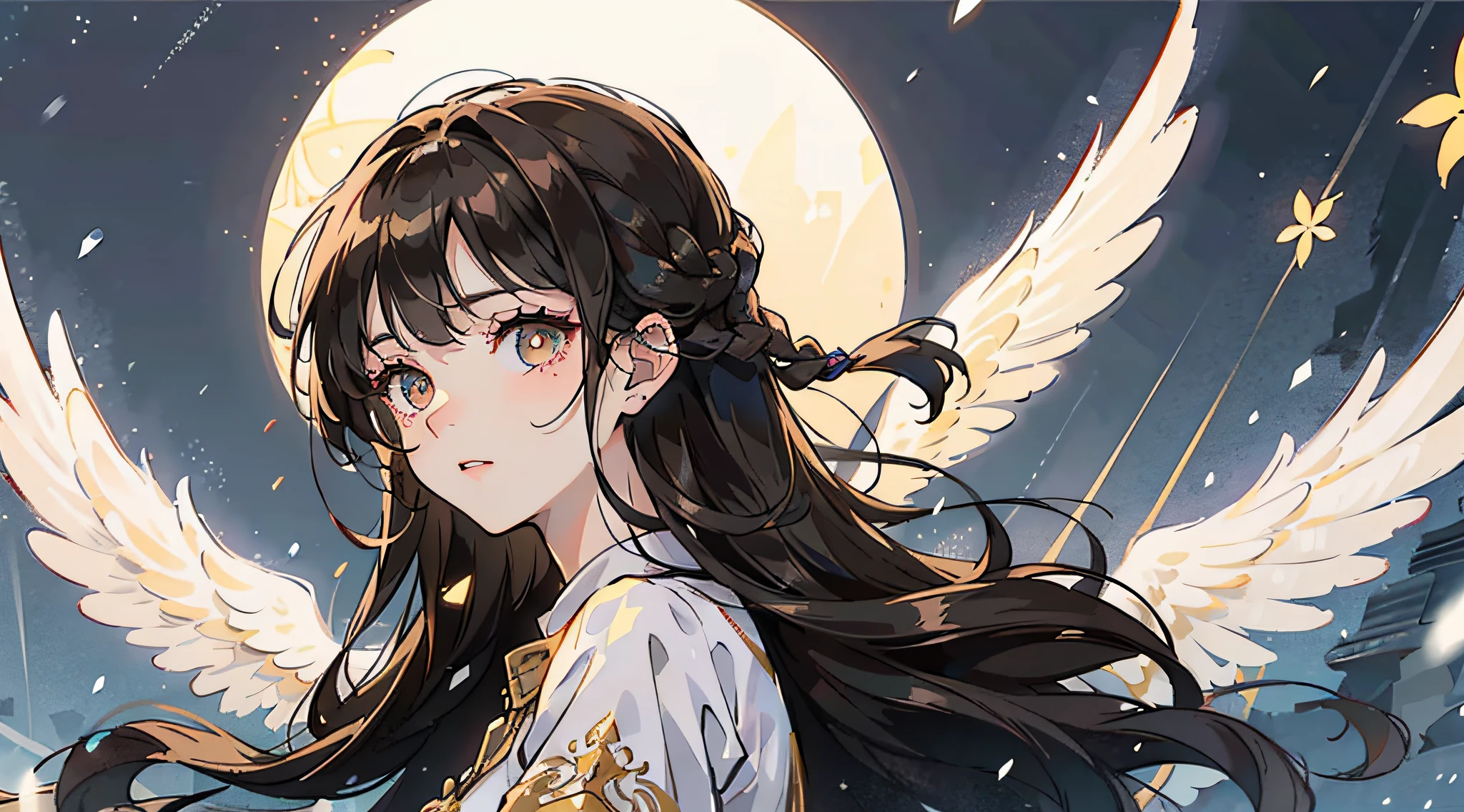 Mature girl , long dark brown hair, long dark brown hair, braid on the left side of hair, floating hair, golden eyes, golden eyes, delicate and smart eyes, starry pupils, intricate white nightgown, FOV, f1.8, masterpiece, complex scene, snowflakes flying, front portrait shot, snowing night, night