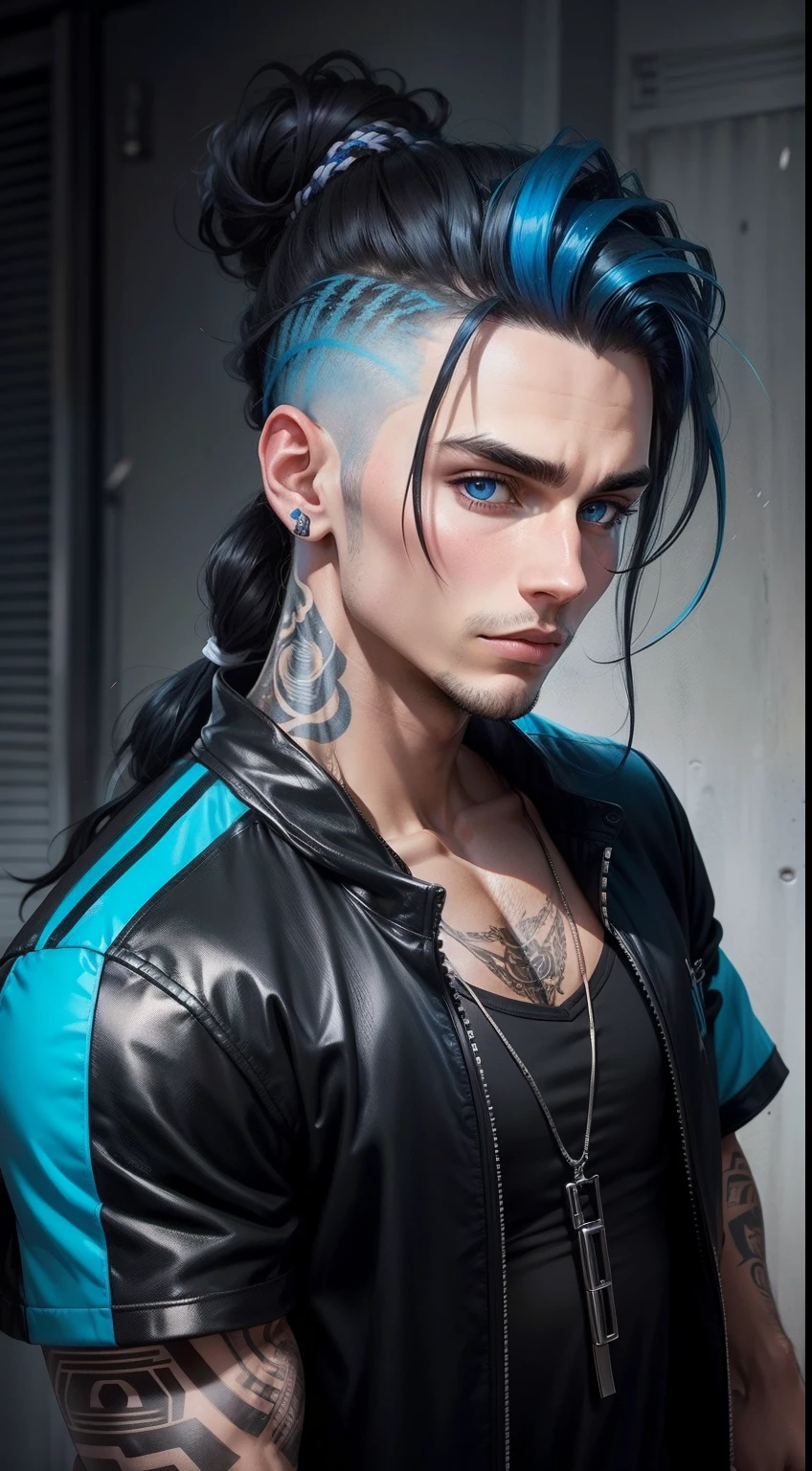 Young adult Male with black long  hair tied up in bun, blue magic eyes, blue ombre, wearing gang clothes, shaved face, gangster, member o