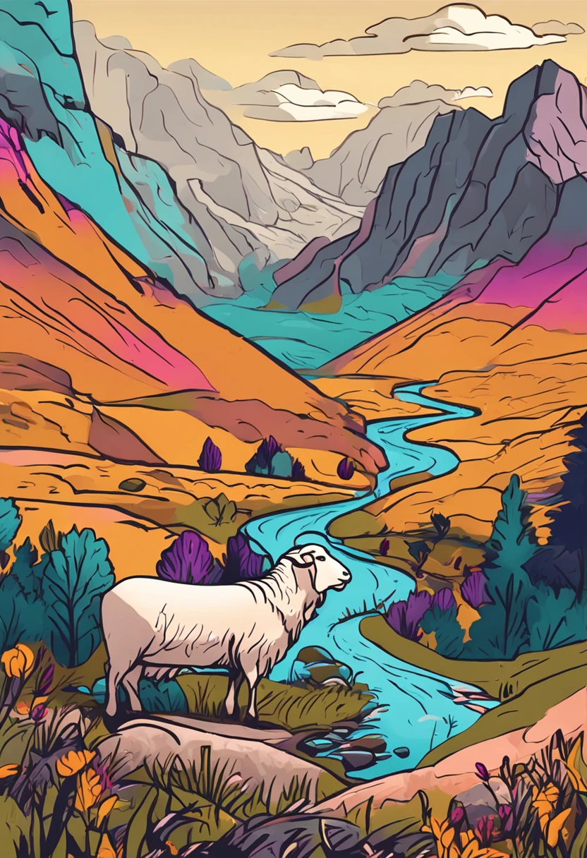 Rolling peaks,grassy fields,Curved river,Scattered little sheep