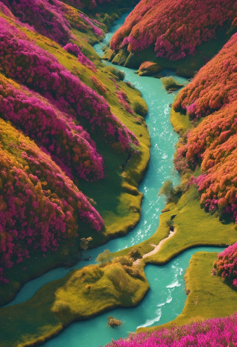 Rolling peaks,grassy fields,Curved river,Scattered little sheep
