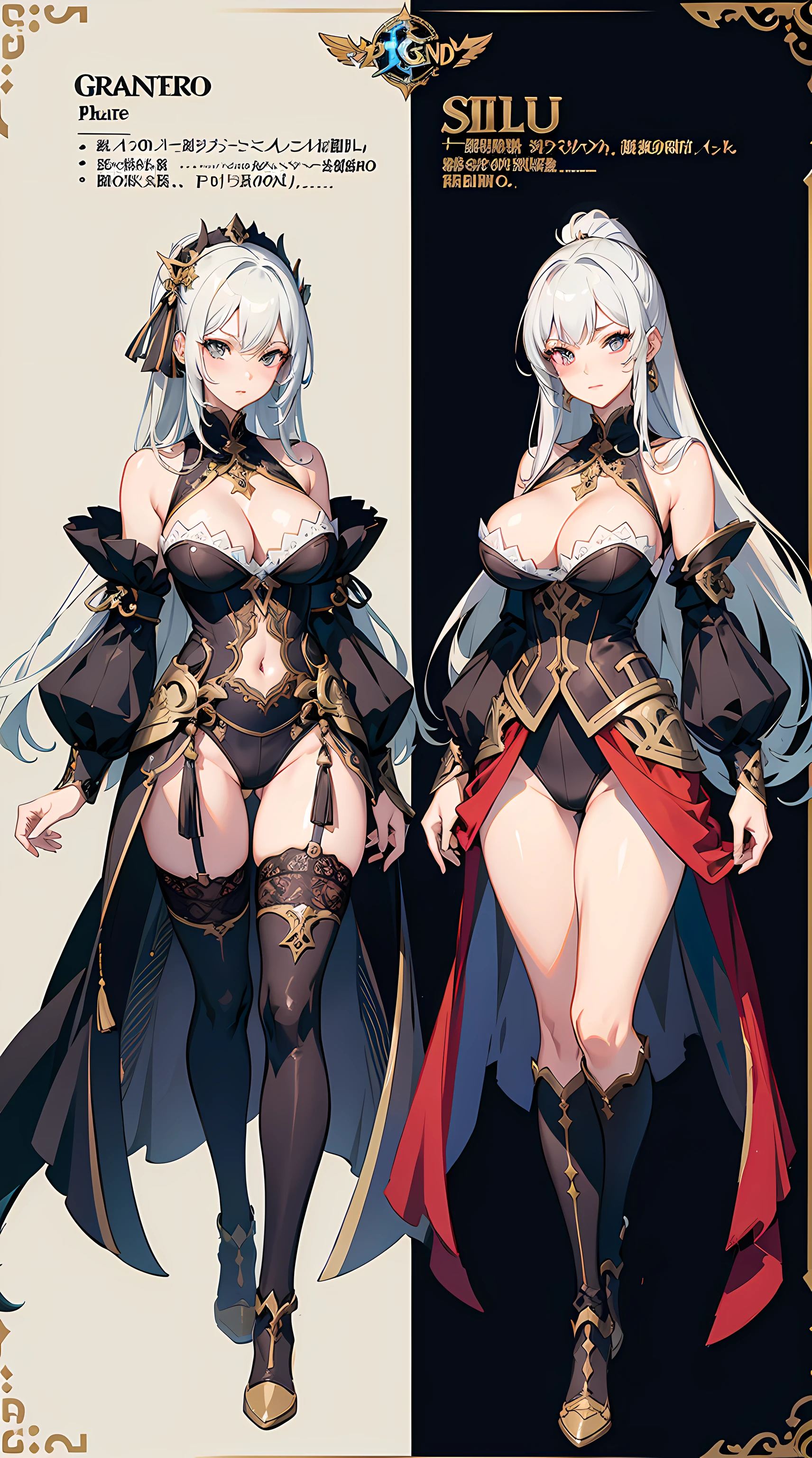 character reference sheet, character design, blade and soul character, 4k，1 woman, high quailty，highdetail，Role drawings，costume influenced by granado espada and blade and soul games, Information drawings，Entire body，British style，Knight women's clothing，More mature women，Silvery-white curls to the waist，Hairpins，tight corset，Lace trim，gauntlets, cleavage cleavage，Asymmetrical stockings，offical game artwork.