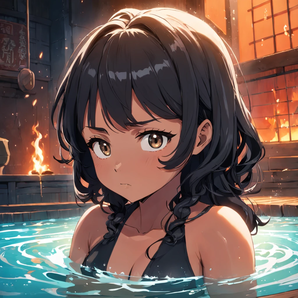 uma com cabelo preto ondulado, olhos castanhos grandes, em uma sauna, ela esta sorrindo delicadamente