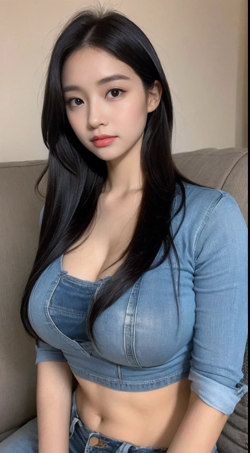 （（top-quality，8K，tmasterpiece：1.3）），Beautuful Women，Hide your face，1个Giant Breast Girl，big breasts beautiful：1.3，Slender abs：1.1，Large men's shirt（baggy：1.4），No underwear，Denim super shorts，full，huge tit，longblackhair，（Sit cross-legged on the sofa），Super detailed face，Highly detailed lips，Detailed eyes，二重まぶた，Strict head and body ratios：1.5，