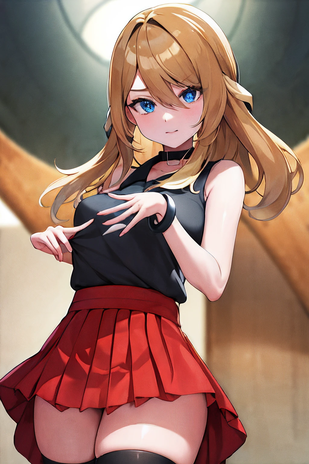 ​masterpiece, top-quality, Hi-Res, blue eyess, Serena\(A pokémon\), 1girl in, 独奏, thighs thighs thighs thighs, length hair, jewely, A bracelet, black thighhighs, shirt with collar, pleatedskirt, a red skirt, Sleeveless, high waist skirt, sleeveless shirts, Eye lashes, Black shirt,, cowboy  shot, deph of field,(((Blurry eyes)))、(((lift up one's skirt)))