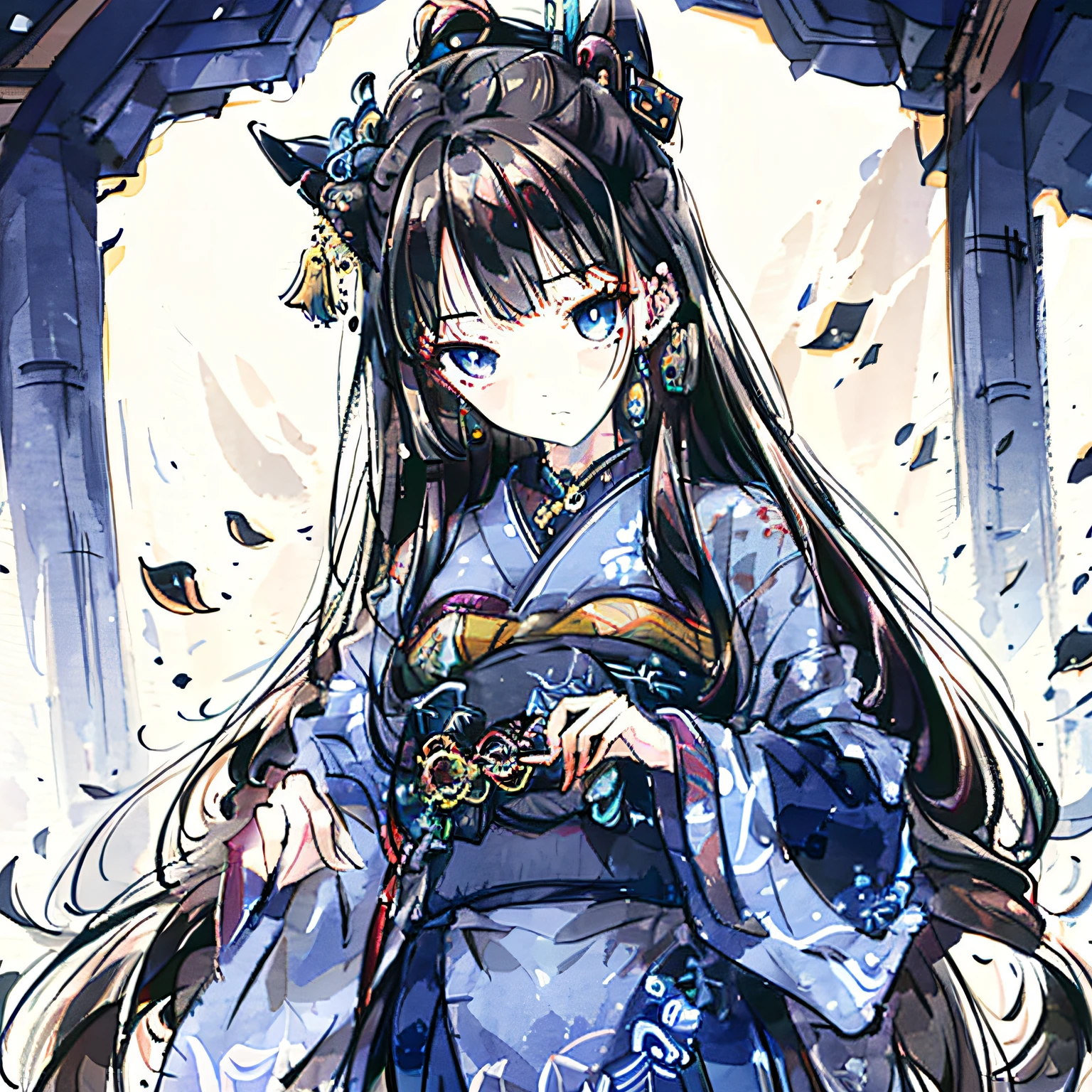 Male teenager，Blue eyes, A Japanese samurai boy, Wearing a black men's kimono, holding samurai sword, Black hair, Blunt bangs, hair between eye, hime-cut, crossed bangs, hair splayed out, Straight hair, Large hair, japenese, Earrings, Expressionless, tachi-e, projected inset, anime big breast, Ukiyo-e, Anime style, hyper HD, High details, High quality, Best quality, 4K，The katana emits a dark blue sword qi，High volume，Strip earrings，Black color hair，Dark clothes，Samurai clothes
