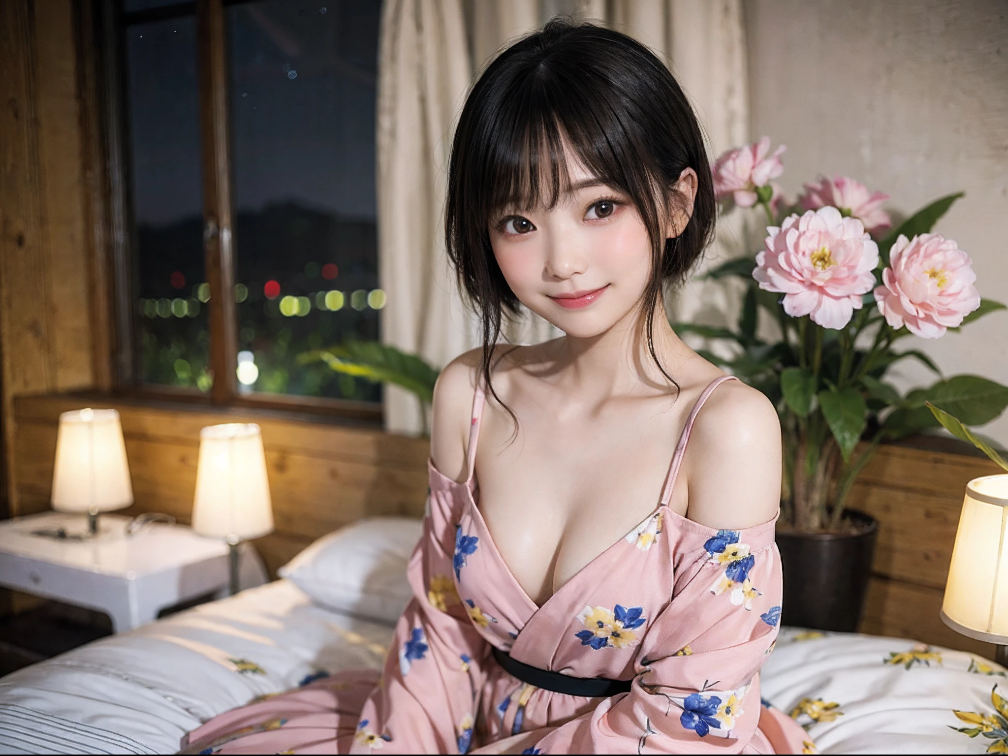 Japan girl having sex in hotel room at night、looking at the viewers、(top-quality、​masterpiece)))、hight resolution、ighly detailed、​masterpiece、电影灯光、(8K、top-quality、​masterpiece:1.2)、(realisitic、Photorealsitic:1.37) Hi-Res、The ultra-detailliert、asian human, cute little, cute  face, 独奏, Short hair 1.2, Textured skin, beautiful smiling face, Beautiful detailed night sky, Detailed night view, 电影灯光, depth of fields, Lens flare light、Sitting in bed、Dating、(blush nose)、(A smile:1.15)、(Mouth closed)tiny chest、beautiful finely detailed eyes、natta、(shorth hair:1.2)、Floating hair Nova frog style、