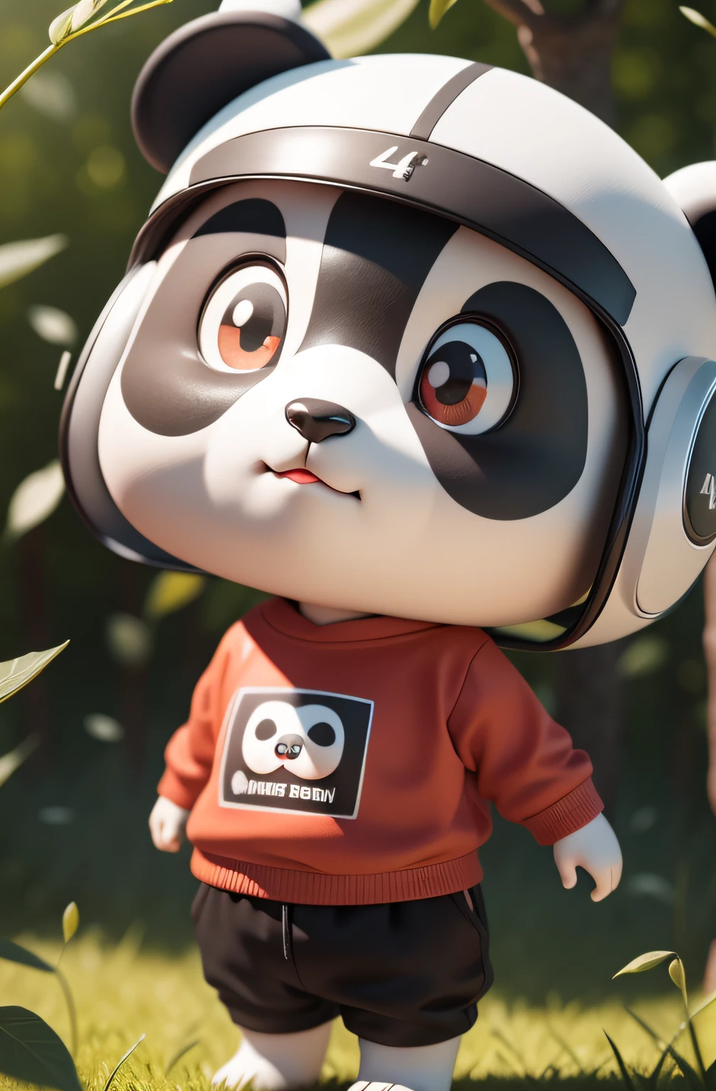 1 Geistiges Eigentum von Panda,Karikatur-Panda,herzhaft lachen,(White and red sweatshirt),Ganzkörpersicht,runde Augen,schwarzer Hintergrund,natural lightting,8K,tmasterpiece,Top quality,superfein,Pixar-Stil, 3D-Stil, C4D, Mixer,oc gerendert