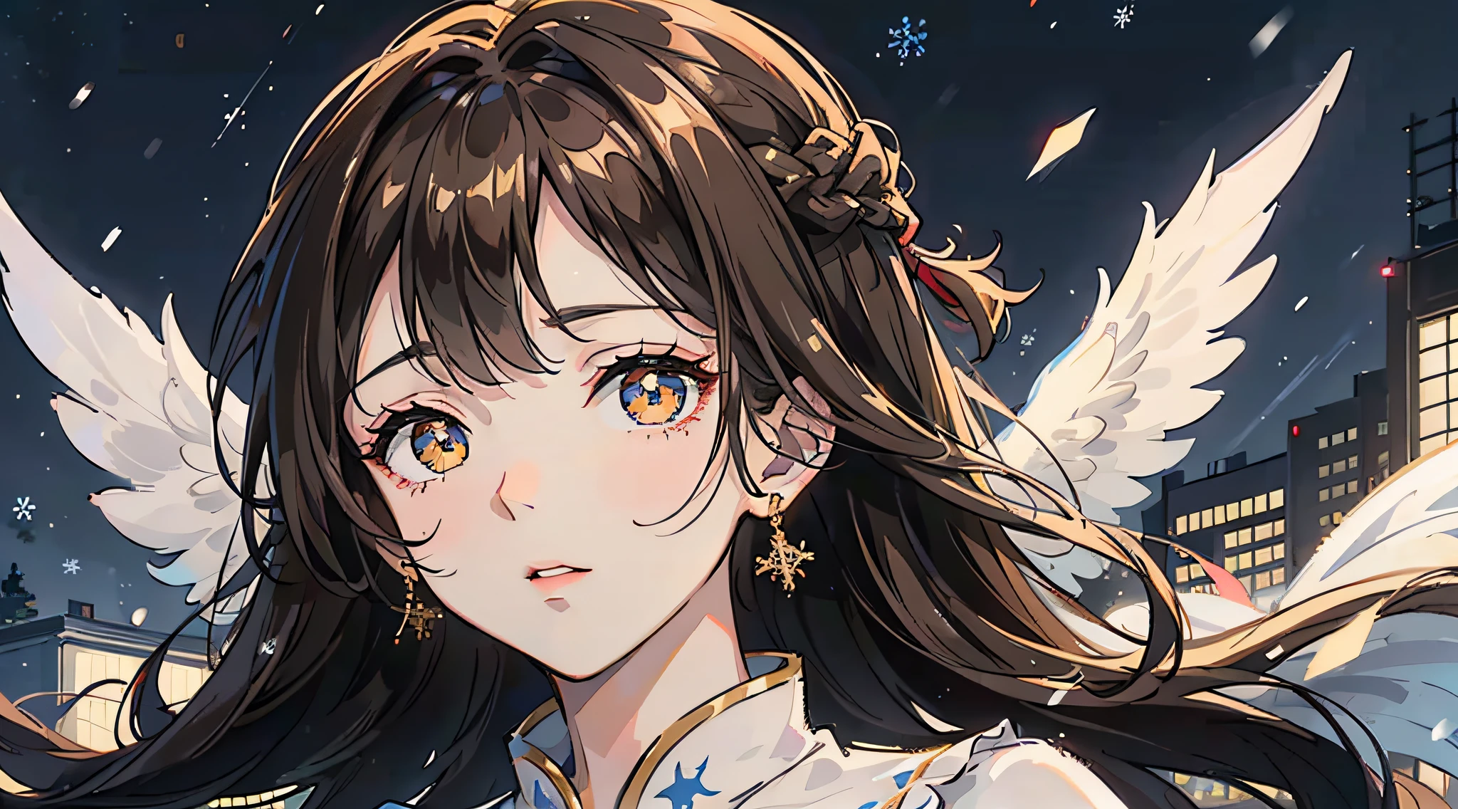 Mature girl , long dark brown hair, long dark brown hair, braid on the left side of hair, floating hair, golden eyes, golden eyes, delicate and smart eyes, starry pupils, white nightgown, FOV, f1.8, masterpiece, complex scene, snowflakes flying, front portrait shot, snowing night, winter scene, night, city in background