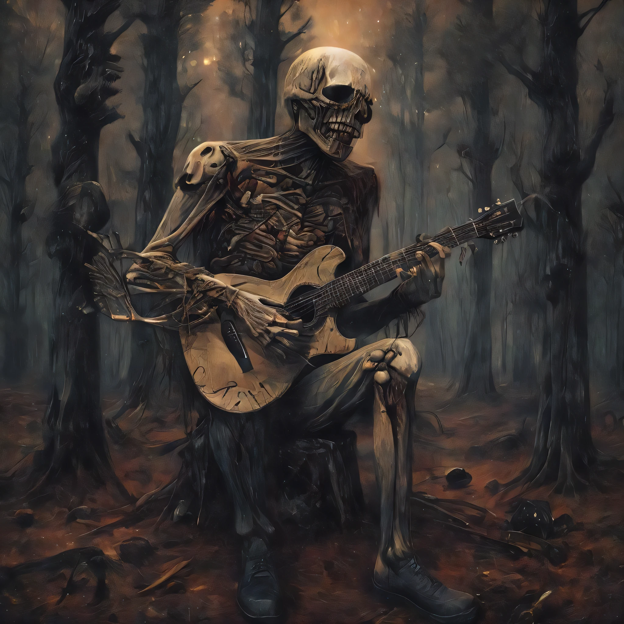 b3ks1n soldier with face melted off playing an acoustic guitar made out of bones for the dead in a dark forest