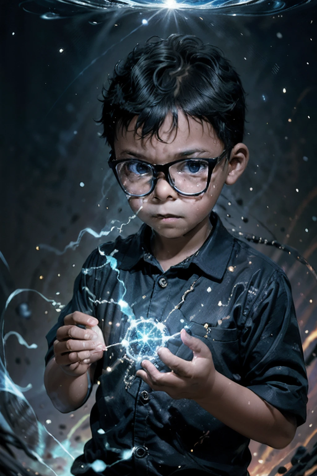 loranerdinho1, Create an incredibly detailed illustration of a 3-year-old boy wearing glasses, using magic. Rays of blue and yellow light with sparks are emanating from his hands. Behind him, there's an open portal to another world. The environment should be magical, and the boy's expression should be confident as he concentrates on his hands. Render this illustration in Octane with an 8k resolution (Magic:1.2) (Detailed illustration) (Sparkling magic) (Portal to another world) (Confident expression) (Magical ambiance)