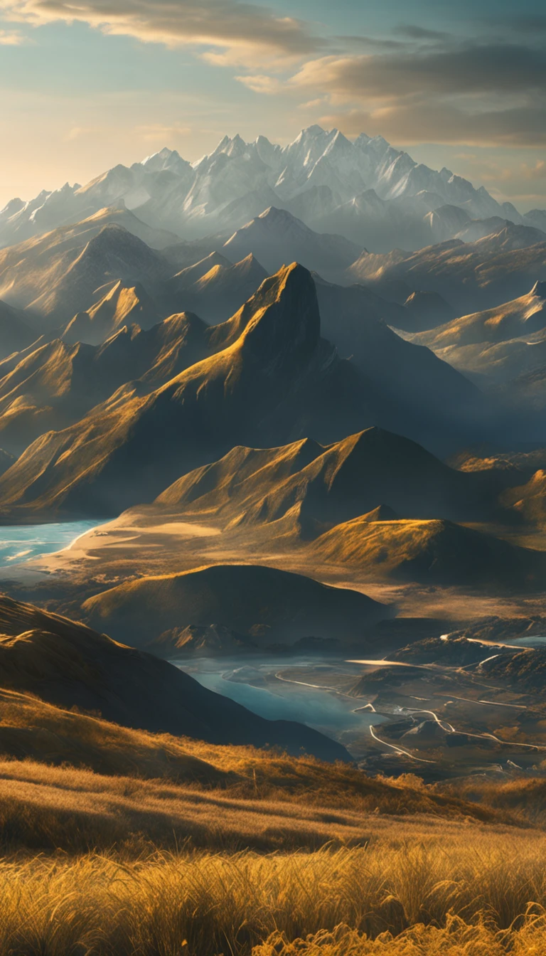 Mountain and Sea Skylark Scroll,There are mountains and waters in the picture,rios、grassy fields、Sun,Shirasawa、Many ancient mythical beasts such as the zodiac are haunted,Epic composition,shadowing,National style,Light yellow tone,Gold elements