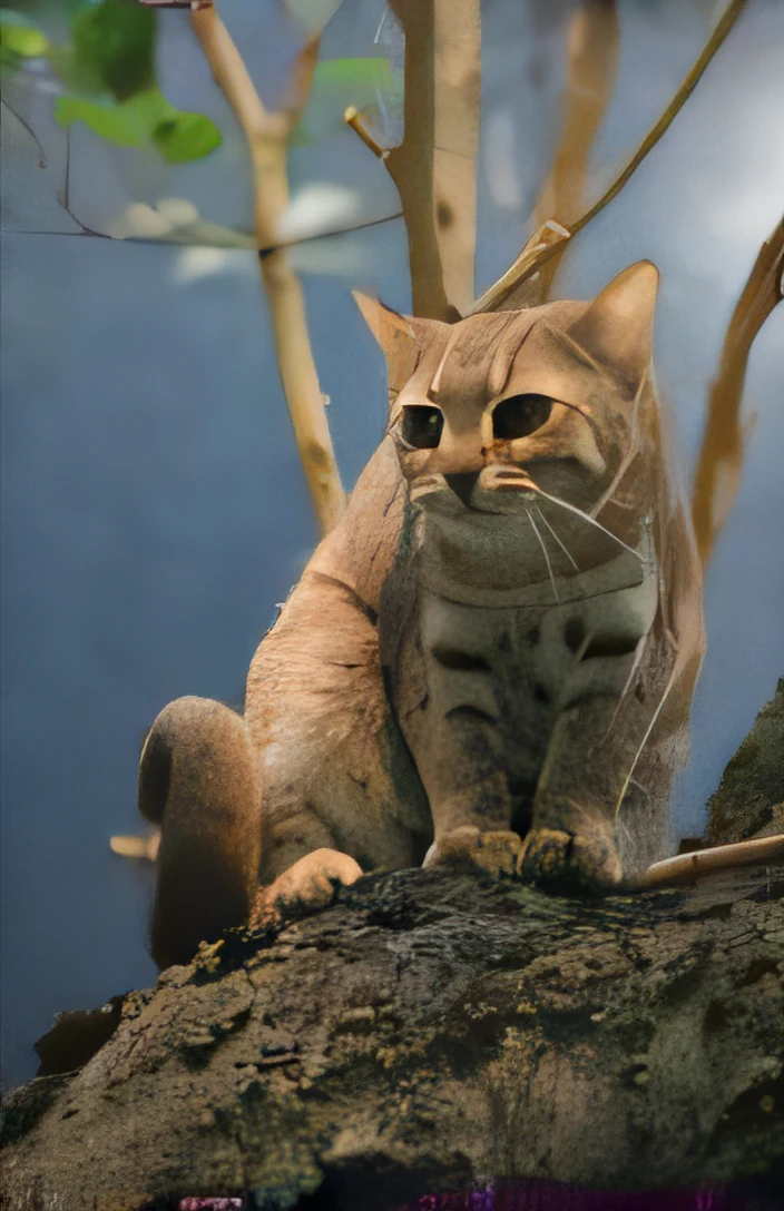 There is a cat sitting on a tree branch, Sand Cat, tabaxi male, tabaxi, zora, neferpitou, Someone, Hisashi, Erin Hunter, cat photo, SLR, anthropomorphic female cat, margay, Cat in the forest, a cute little cat, Cat, sad, awesome cat