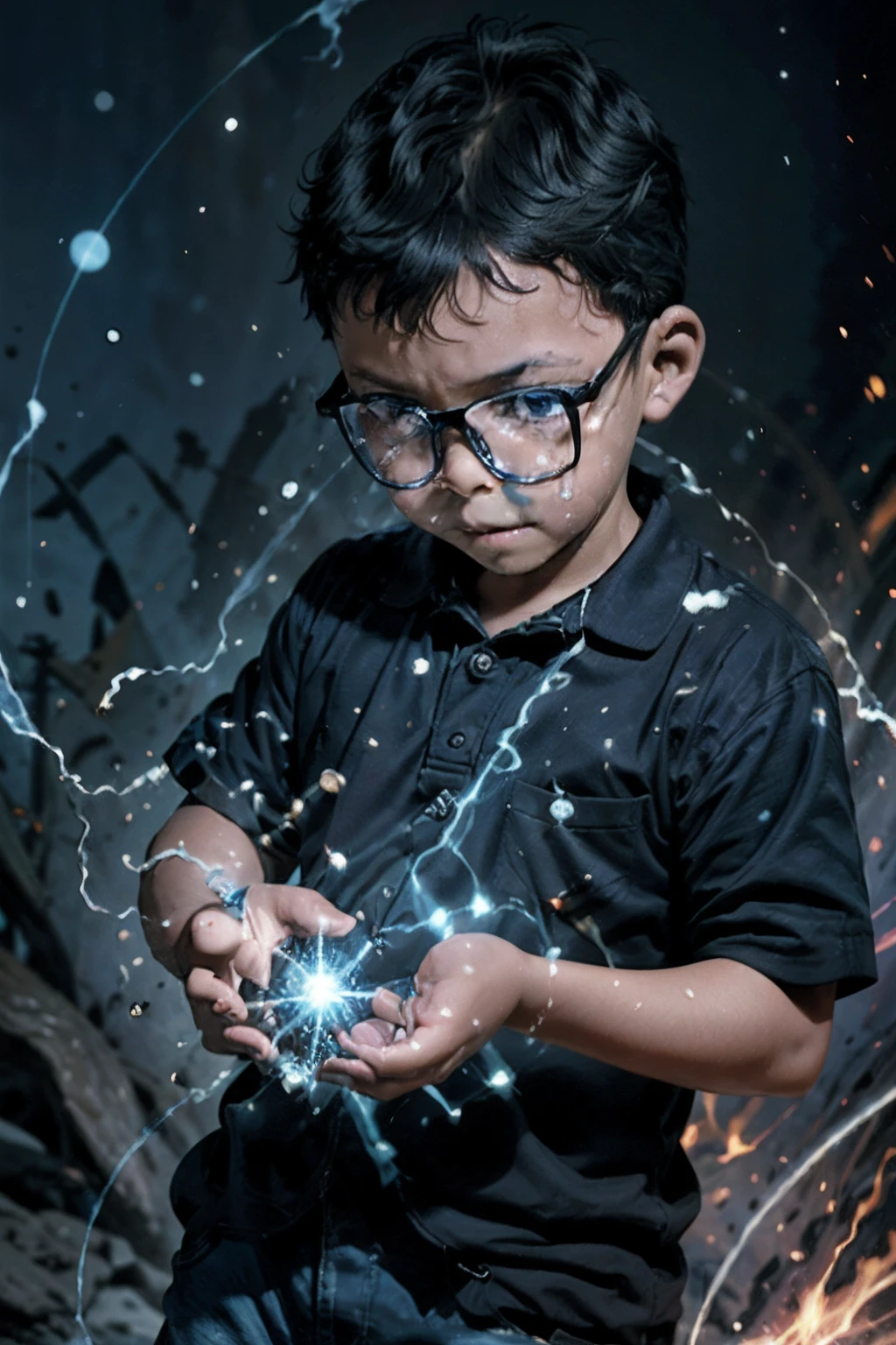 loranerdinho1, Create an incredibly detailed illustration of a 3-year-old boy wearing glasses, using magic. Rays of blue and yellow light with sparks are emanating from his hands. Behind him, there's an open portal to another world. The environment should be magical, and the boy's expression should be confident as he concentrates on his hands. Render this illustration in Octane with an 8k resolution (Magic:1.2) (Detailed illustration) (Sparkling magic) (Portal to another world) (Confident expression) (Magical ambiance)