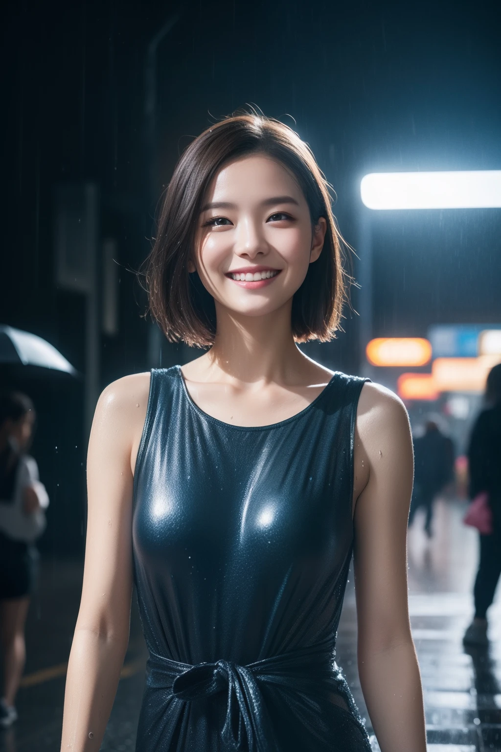 20-year-old surreal idol, Ultra-thin sleeveless maxi dress, Nipple ring, Smiling smile, Short Layer Hair, Walking without noticing the camera, In the city of heavy rain, Wet from rain, Wet and clothes stuck to the body, RAW, 8k, top-quality, masterpiece, intricate detailes, Photorealsitic, Complex 3D Rendering, ultra-detailliert, Studio Soft Light, Rim Lights, vibrant detail, The ultra-detailliert, realistic skin textures, Detail Face, Beautiful detail eyes, make - up, detailedbackground
