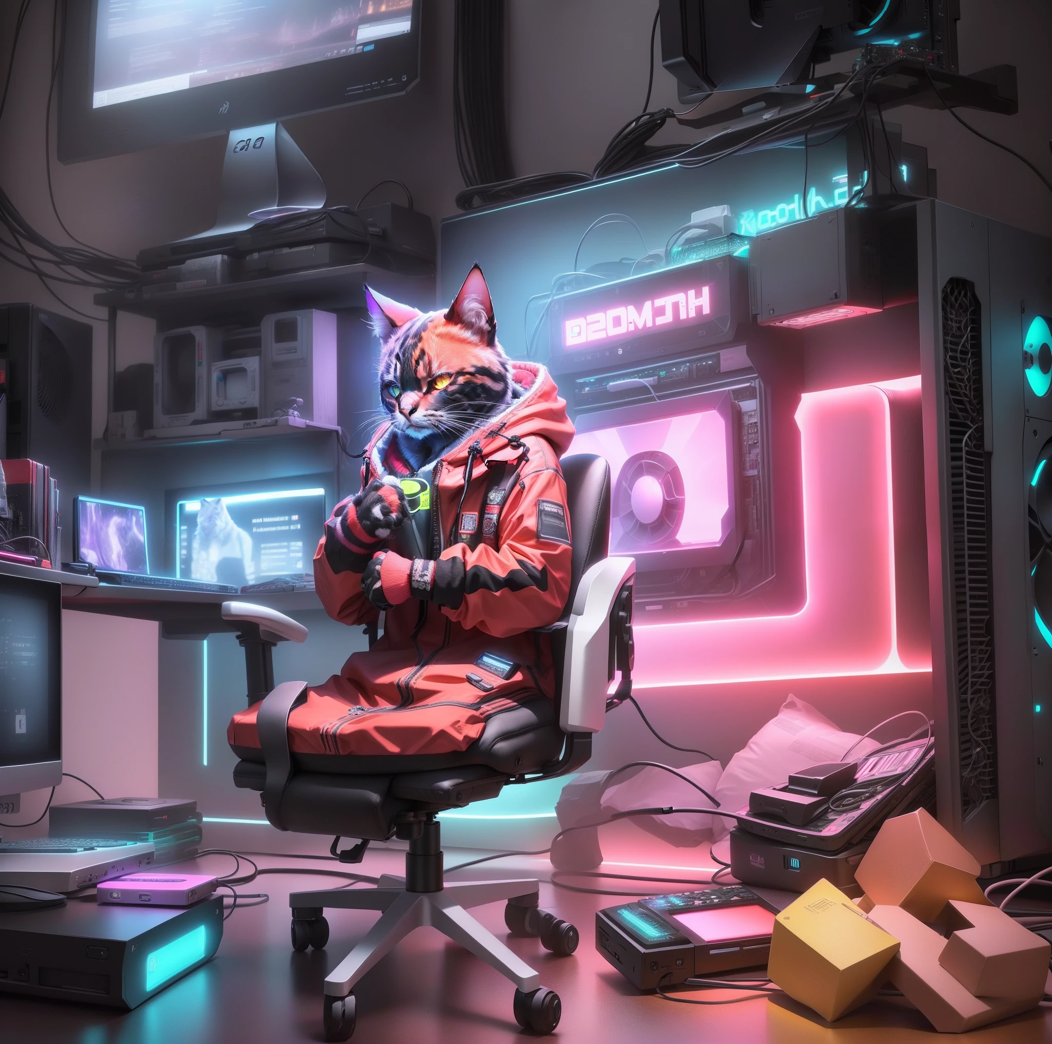 There is a computer case with a cat head and a neon sign, 8k computer render, 8k 3d render, 8 k 3 d render, Customize your computer, Gaming PC case, 3d computer render, pc game, 3d product, 8k octae render photo, e-sport style, 3d 8k render, 3 D CG