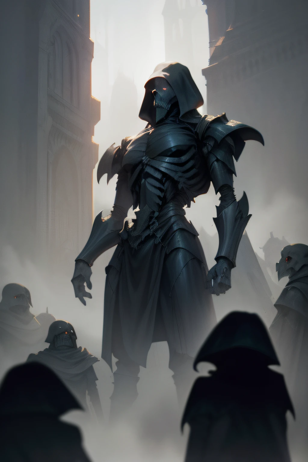 "Dark and haunting illustration of a menacing skeleton, exuding an eerie aura as it stands against a dimly lit background. Show intricate details of the bones, emphasizing sharp angles and empty eye sockets. Capture the essence of fear and foreboding through dynamic lighting and shadows. Utilize a monochromatic color palette with subtle hints of desaturated hues to enhance the gloomy atmosphere. Depict wisps of ethereal mist surrounding the skeleton, adding to the overall haunting effect.