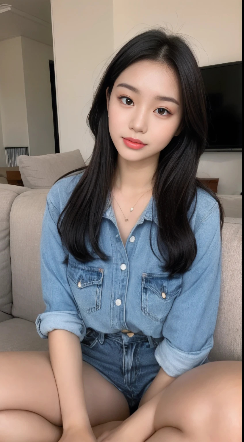((Top quality, 8k, Masterpiece: 1.3)), Beauty, Hidden Face, 1 Girl, Beauty: 1.3, Slender Abs: 1.1, Large Men's Shirt (Loose: 1.4) Exposed, No Underwear, Denim Ultra Shorts, Full, Long Brunette Hair, (Sitting Cross-legged on the sofa), Ultra-detailed face, Highly detailed lips, Detailed eyes, double eyelids, Strict head-to-body ratio: 1.5,