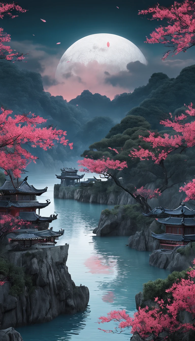 The tide of the Spring River connects the sea level，The bright moon on the sea coexists with the tide。
Thousands of miles with the waves，Where the spring river has no moonlight。
The river flows around Fangdian，The moonlight and flower forest are like mist。