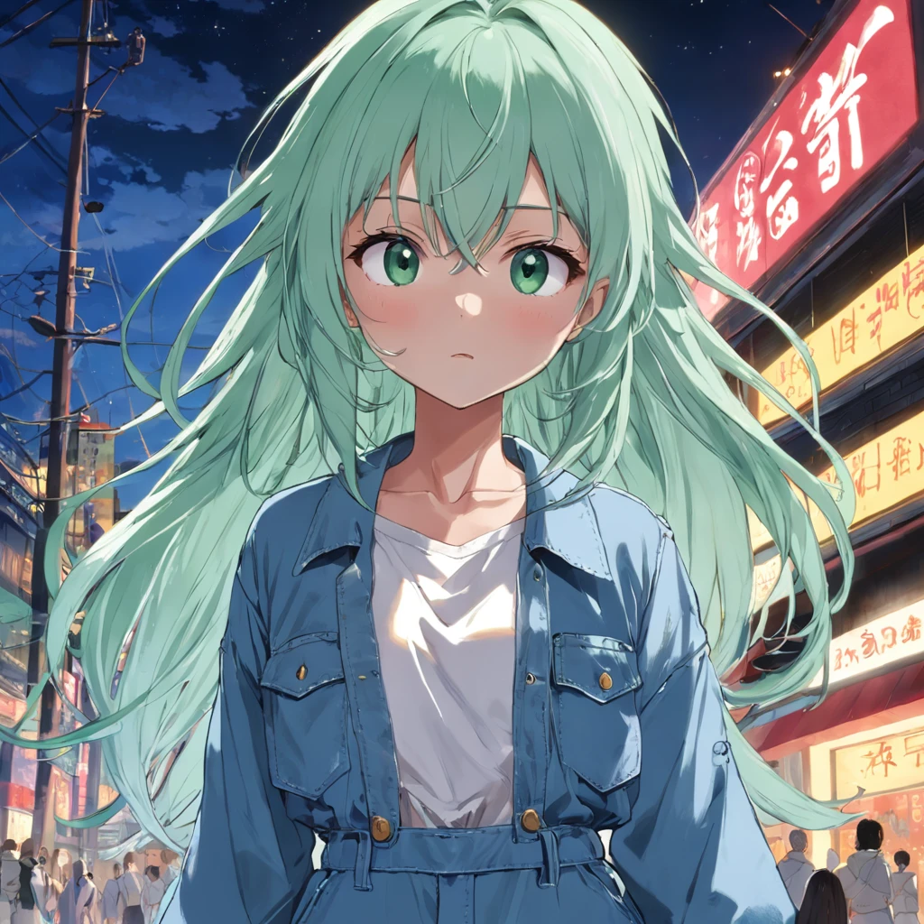 uma fada pequena, com cabelo verde claro, olhos azuis, wearing a denim jumpsuit and a white T-shirt