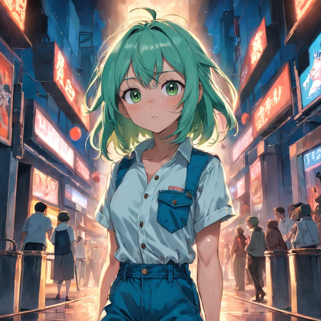 uma fada pequena, com cabelo verde claro, olhos azuis, wearing a denim jumpsuit and a white T-shirt