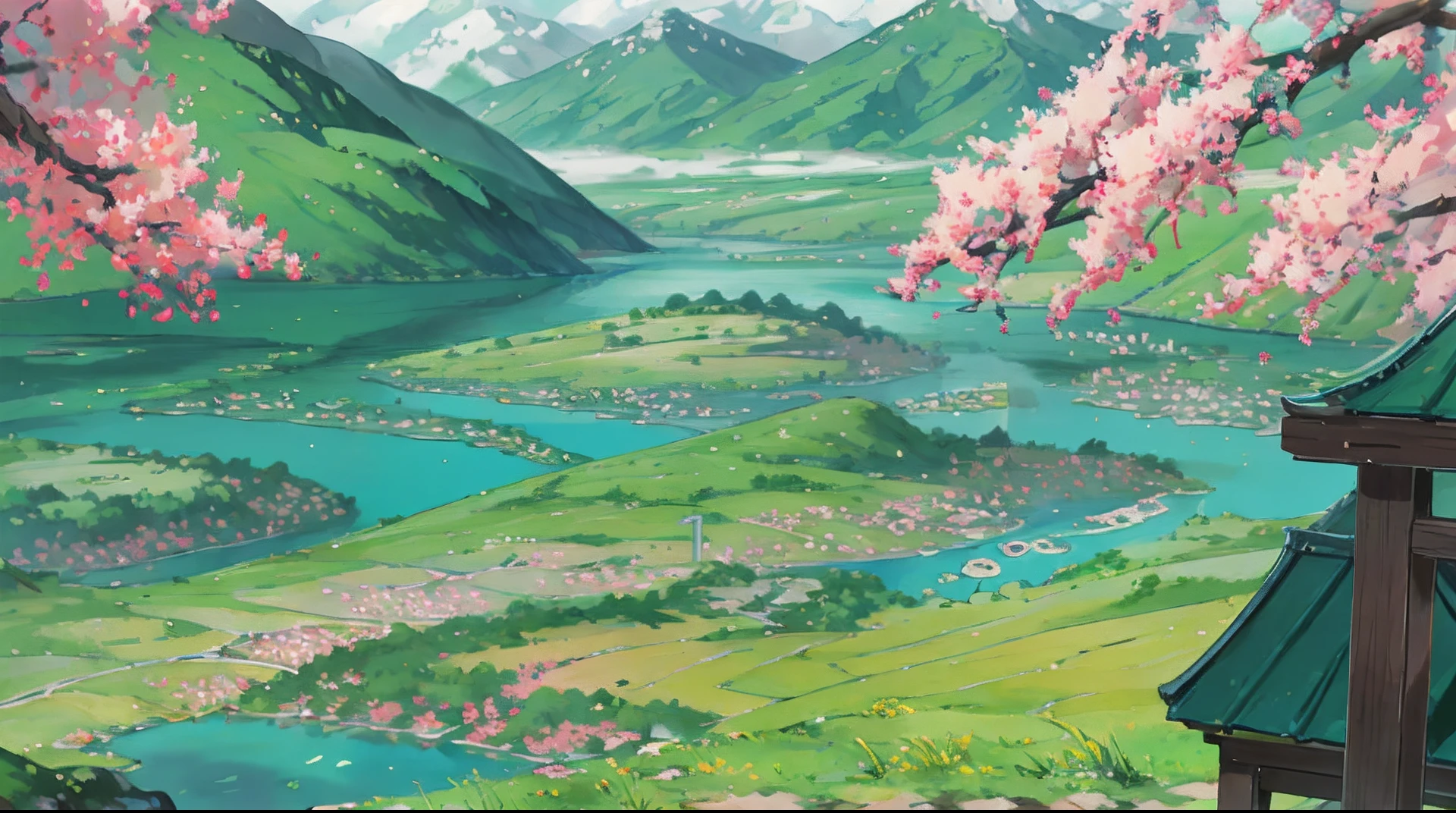 Chinese Antiquity、springtime、jungles、lakes、hole in the mountains、waterfallr,The tree、grassy fields、Rochas、fawn、hot onsen、hydrosphere、No construction(illustratio:1.0)、Epic composition、Realistic lighting、high definition detail、tmasterpiece、Best quality,(Very detailed CG unified 8k wall