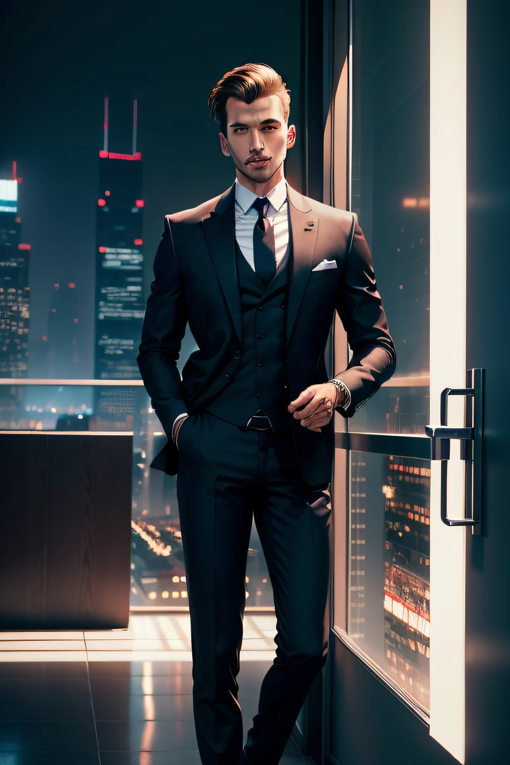 Create an illustration of a stylish man in a jacket, Standing by a large window in a modern office in the heart of the city. L'homme est vu de dos, looking intensely through the glass. Outside the window, on doit clairement distinguer les gratte-ciels imposants, creating an urban scene similar to that of Dubai, with twinkling lights and a lively cosmopolitan vibe.