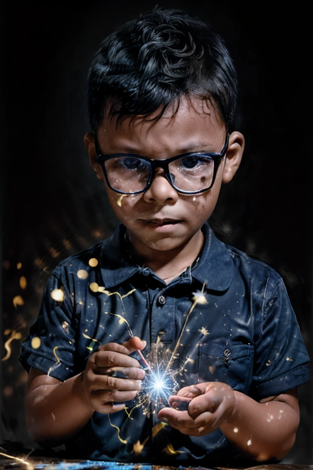 loranerdinho1, Create an incredibly detailed illustration of a 3-year-old boy wearing glasses, using magic. Rays of blue and yellow light with sparks are emanating from his hands. Behind him, there's an open portal to another world. The environment should be magical, and the boy's expression should be confident as he concentrates on his hands. Render this illustration in Octane with an 8k resolution (Magic:1.2) (Detailed illustration) (Sparkling magic) (Portal to another world) (Confident expression) (Magical ambiance)