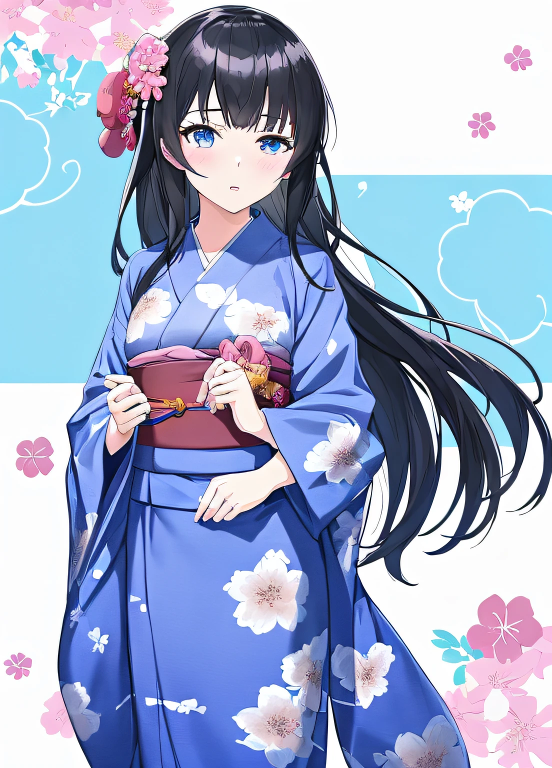 Anime girl in floral blue yukata, White background, anime moe art style, Cute anime waifu in a nice dress, (Anime Girl), in a kimono, in a kimono, Anime visuals of cute girls, pretty anime girl, an anime girl, Beautiful anime girl, Anime Waifu, anime full body illustration, charming anime girls, shikamimi, harumi