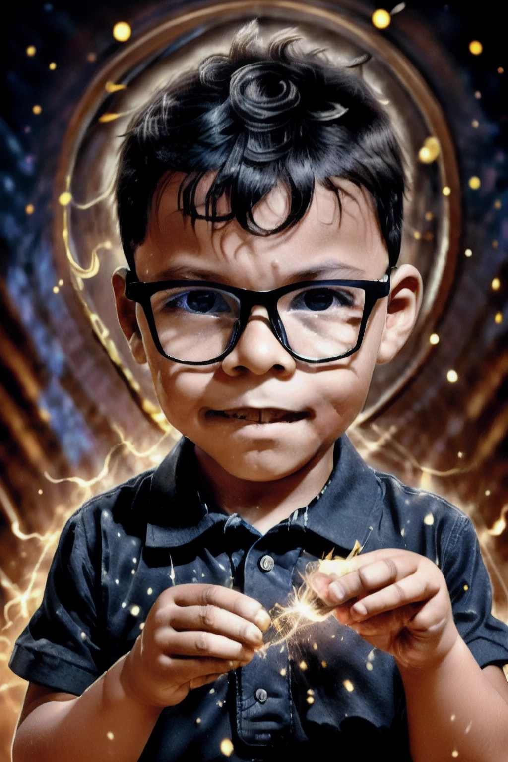 loranerdinho1, Create an incredibly detailed illustration of a 3-year-old boy wearing glasses, using magic. Rays of blue and yellow light with sparks are emanating from his hands. Behind him, there's an open portal to another world. The environment should be magical, and the boy's expression should be confident as he concentrates on his hands. Render this illustration in Octane with an 8k resolution (Magic:1.2) (Detailed illustration) (Sparkling magic) (Portal to another world) (Confident expression) (Magical ambiance)