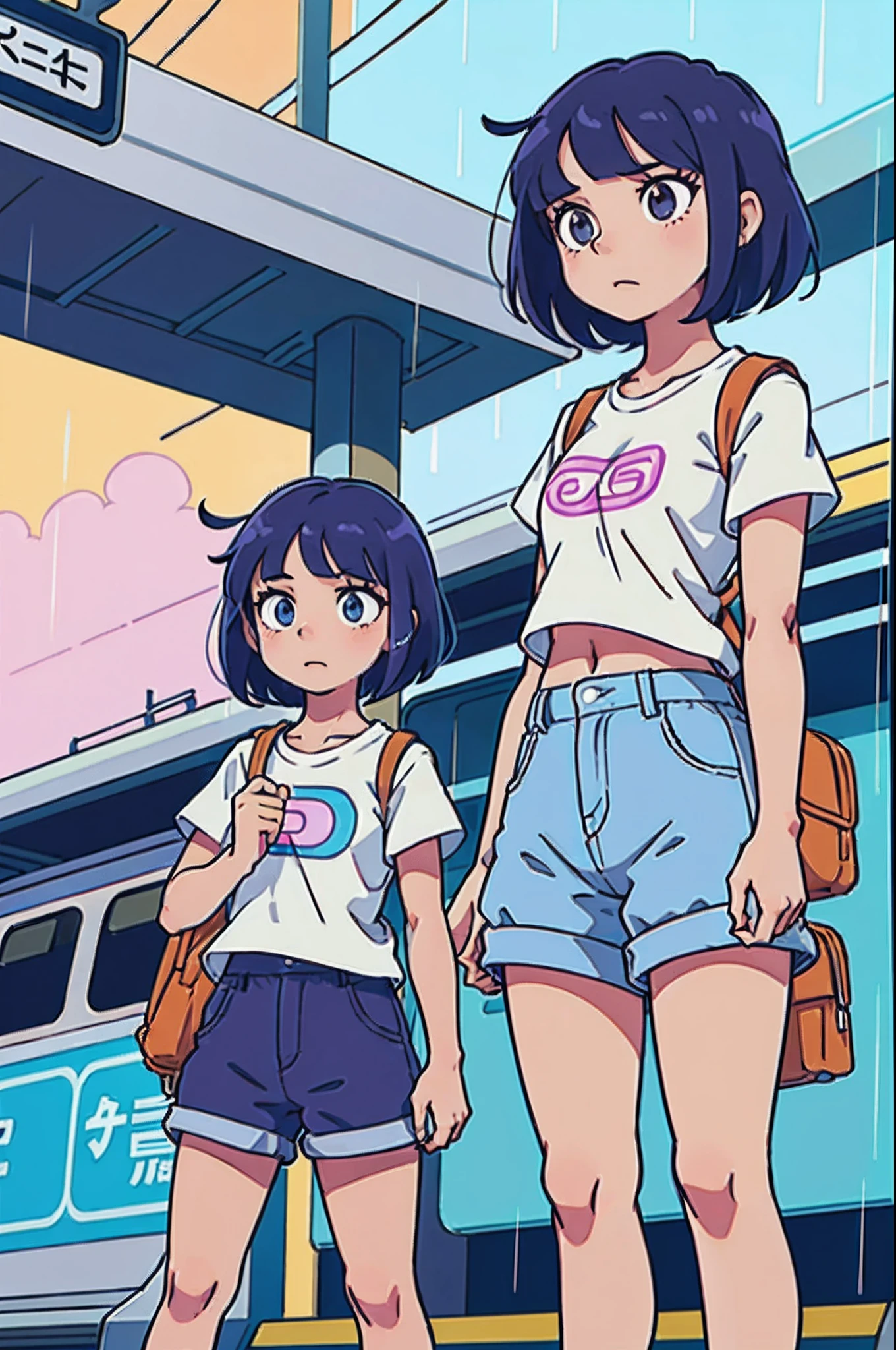 (best-quality:0.8), (best-quality:0.8), perfect anime illustration, Dora the explorer, , hot pants, loose fitted tee, standing at a train station in the rain
