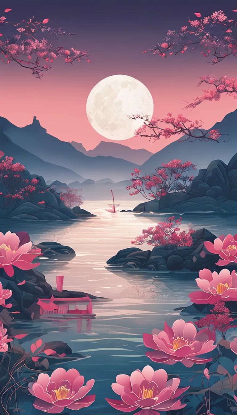 The tide of the Spring River connects the sea level，The bright moon on the sea coexists with the tide。
Thousands of miles with the waves，Where the spring river has no moonlight。
The river flows around Fangdian，The moonlight and flower forest are like mist。