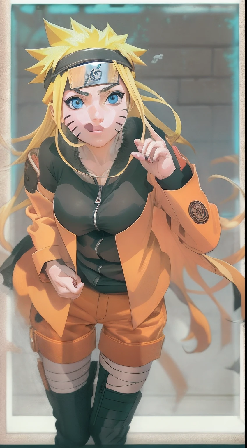 (best quality), (ultra-detailed), (best illustration), (best shadow), masterpiece, high res, best quality, 1girl, solo, detailed face, naruko \(naruto\), facial marks, blond hair, blue eyes, long hair,  rasengan,  orange jacket, fishnet, orange pants, headband, 0.5, big boob's, 1girl