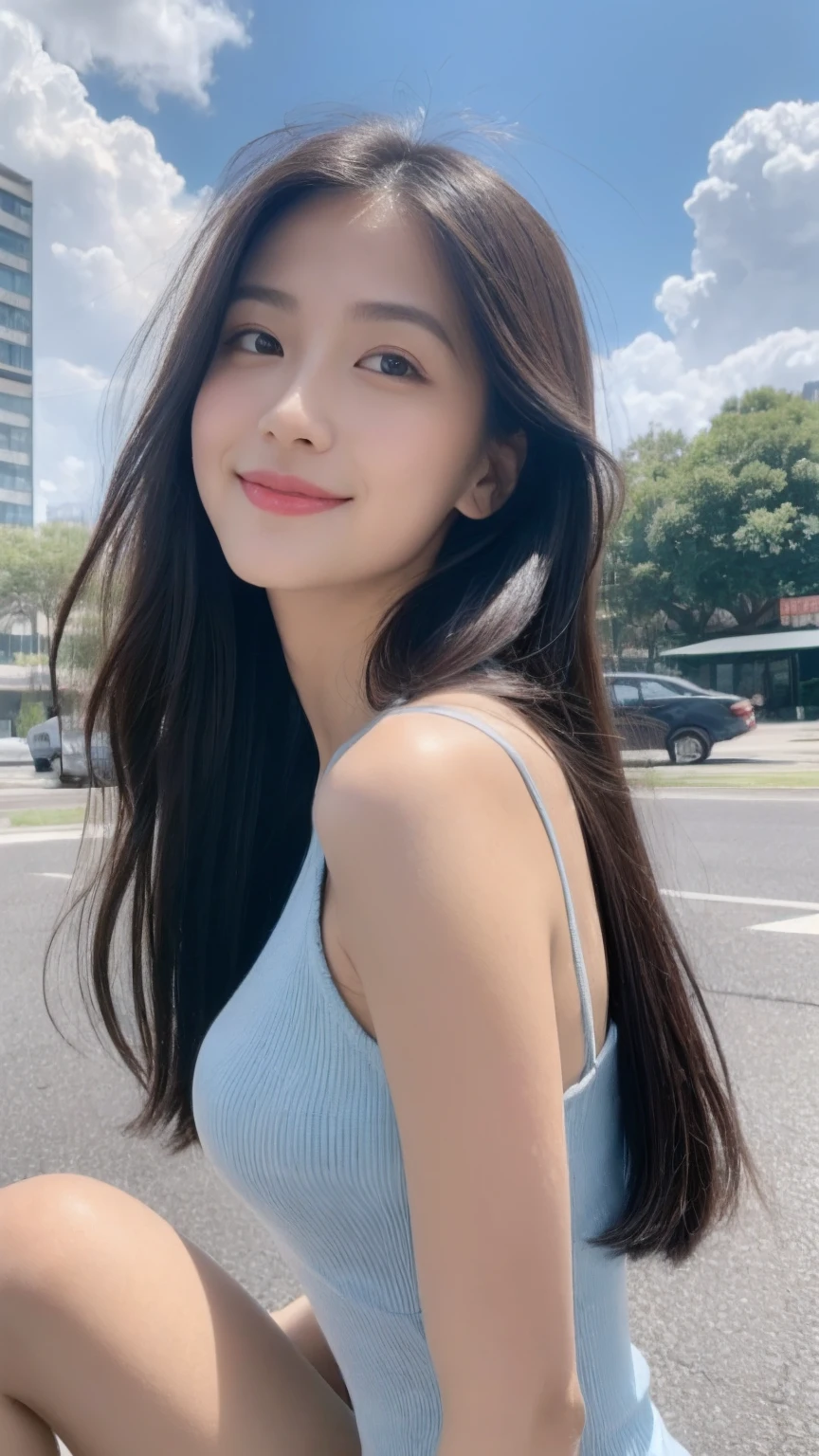 ((Best Quality, 8K, Masterpiece:1.3)), A beautiful girl, pure, melon face, gentle and cute, sweet smile, pure desire, thin figure, (frontal), (tilted head), looking directly at the camera, uniform, obi, formal, black silky long straight hair, long hair flowing over the shoulders, round black big eyes, clear big eyes, moist red lips, sweet, sitting on the side of the road, blue sky and white clouds, grass, buildings,