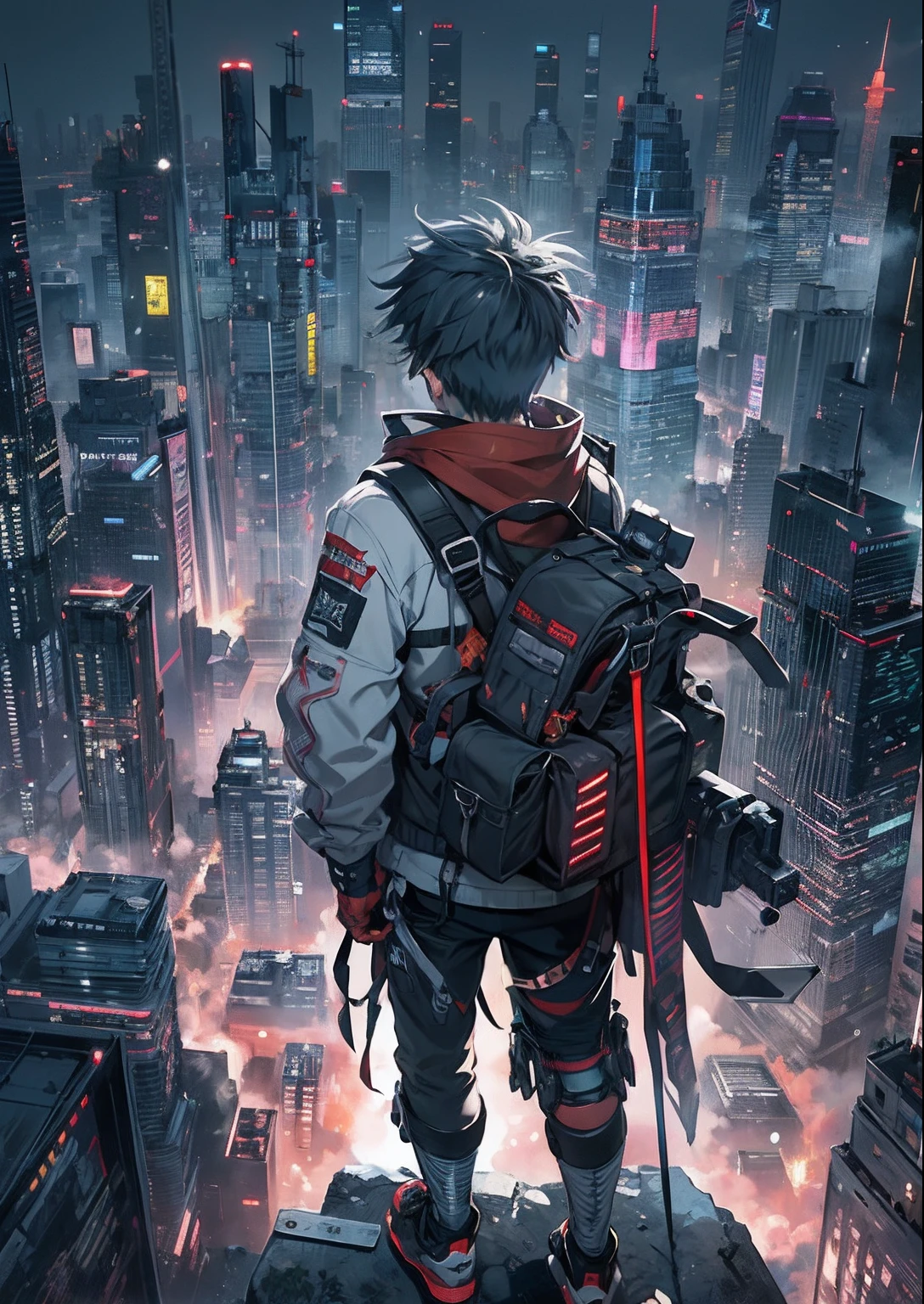 1boy,a 13 yo boy、Cyberpunk Boy、katanas,Spiky hairstyle、Tank Tops、Whole body bloody、Overhead view of the composition、Back lighting,The beginning of the adventure、Lots of clouds,heavy fog、Midnight,darkness,Chaotic city of the future、ruined and devastated city、dystopian、A group of very complex skyscrapers stands in the center、Highly complex Chinese skyscrapers、Pretty dim lighting、Dark road、puddles、Chaotic landscape、Beautiful and fantastic scenery、Cinematic scenery、hightquality、masutepiece,8K、hight resolution、ultra-detailliert,