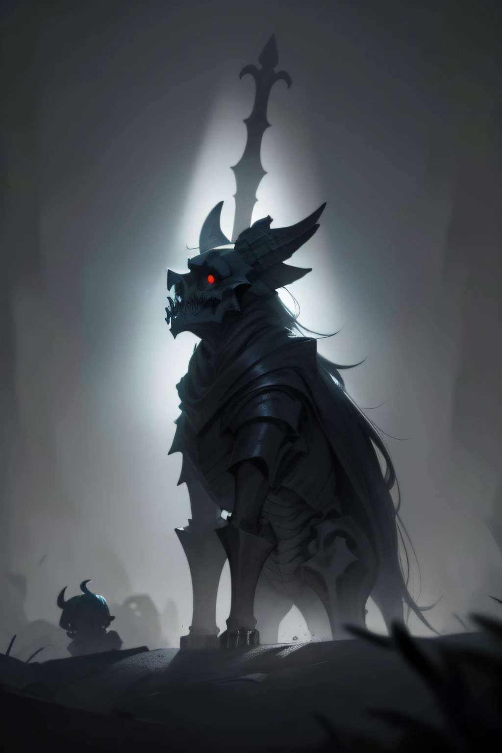 "Dark and haunting illustration of a menacing skeleton, exuding an eerie aura as it stands against a dimly lit background. Show intricate details of the bones, emphasizing sharp angles and empty eye sockets. Capture the essence of fear and foreboding through dynamic lighting and shadows. Utilize a monochromatic color palette with subtle hints of desaturated hues to enhance the gloomy atmosphere. Depict wisps of ethereal mist surrounding the skeleton, adding to the overall haunting effect.