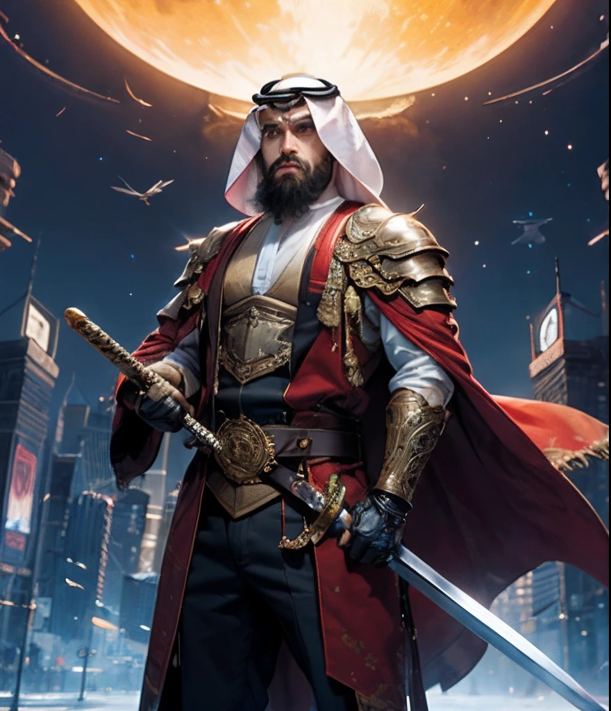 A man with a sword and beautiful full beard Arab