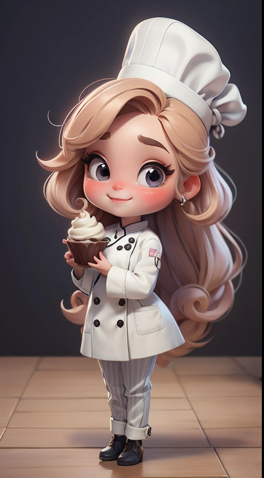 Create a series of cute chibi style dolls with a cute pastry chef theme, each with lots of detail and in an 8K resolution. All dolls should follow the same solid background pattern and be complete in the image, mostrando o (corpo inteiro, incluindo as pernas: 1.5)
Boneca Mini Chef: Chame-a de Marina. Ela deve ter cabelo curto e liso em tom moreno marrom. Seus olhos devem ser grandes e expressivos, with long eyelashes and rosy cheeks. Sorriso delicado e branco. Sophie deve estar vestida com uma jaqueta de chef, striped pants and an ornate chef's hat. She must hold a chocolate brigadier in her hands. Certifique-se de adicionar detalhes nas roupas, such as buttons and pockets, sapato bonito
Certifique-se de adicionar sombras, texturas e detalhes nos cabelos, roupas, confectionery utensils, to make them even more adorable and charming.