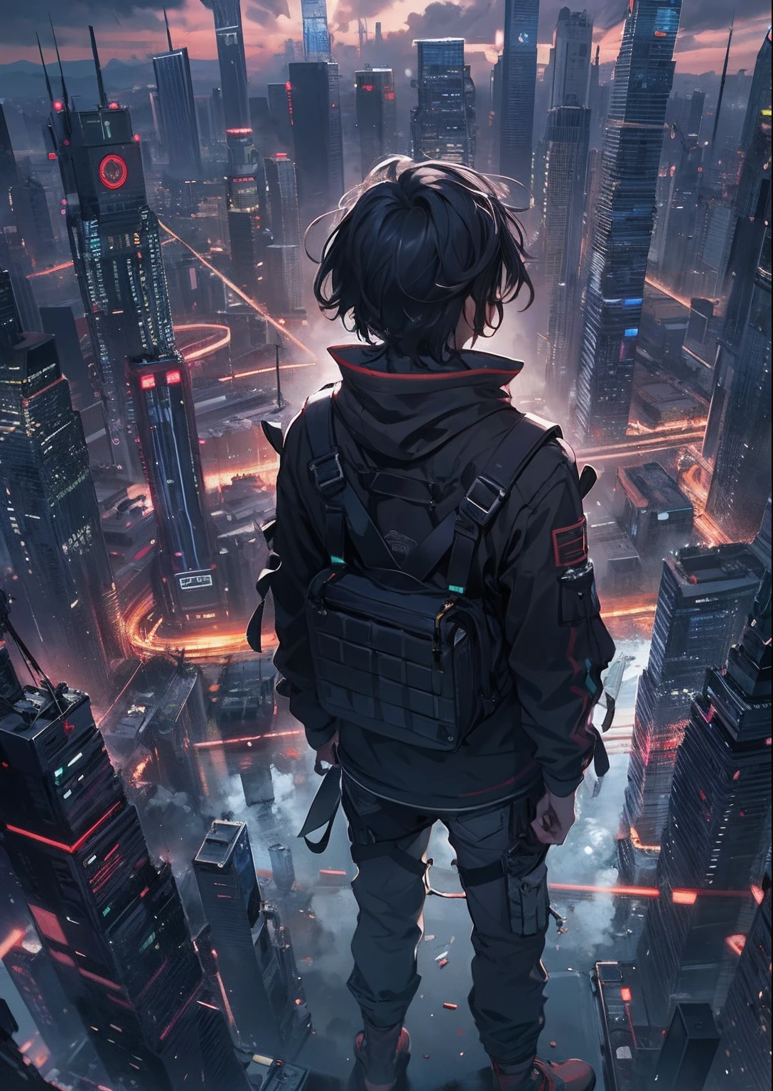 1boy,a 13 yo boy、Cyberpunk Boy、katanas,Spiky hairstyle、Tank Tops、Whole body bloody、Overhead view of the composition、Back lighting,The beginning of the adventure、Lots of clouds,heavy fog、Midnight,darkness,Chaotic city of the future、ruined and devastated city、dystopian、A group of very complex skyscrapers stands in the center、Highly complex Chinese skyscrapers、Pretty dim lighting、Dark road、puddles、Chaotic landscape、Beautiful and fantastic scenery、Cinematic scenery、hightquality、masutepiece,8K、hight resolution、ultra-detailliert,