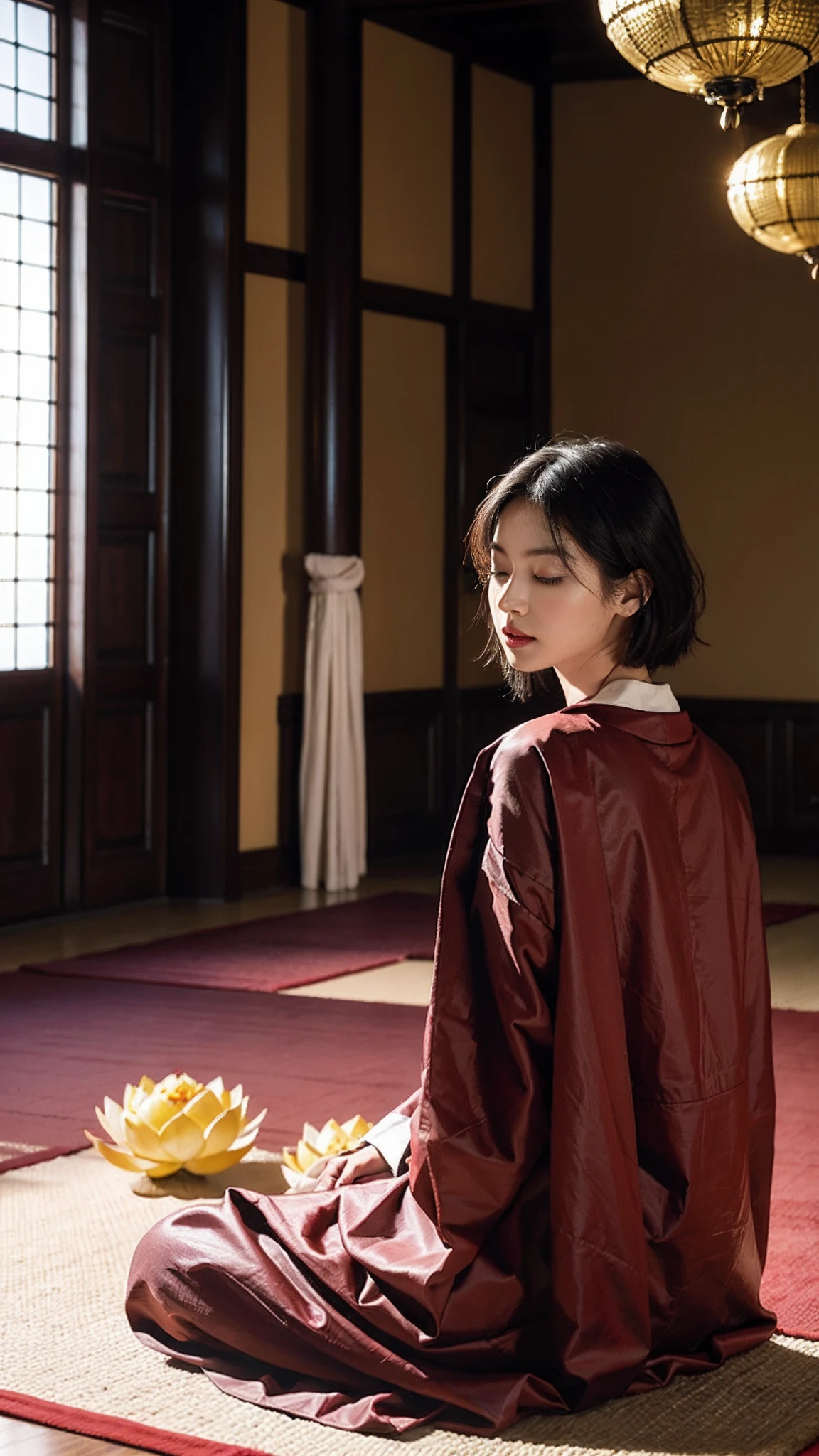 (Tomboyish,small head), (short-length straighthair: 1.2), Black hair,（极其细致的CG 8k壁纸），（Extremely refined and beautiful），（tmasterpiece），（best qualtiy：1.0），（超高分辨率：1.0），upper body photos，[A high resolution]，Smooth and flawless fair skin，ultra - detailed ，Slim，emaciated，Gorgeous Buddhist long robes，Buddhist pants，In the main hall of the temple，Rightfully Lotus sits cross legged on a large lotus flower，（A large pink lotus flower：1.5），The girl is floating above the large lotus flower in the air，from front，Close-up，Sitting in meditation，eyes closed，kindly