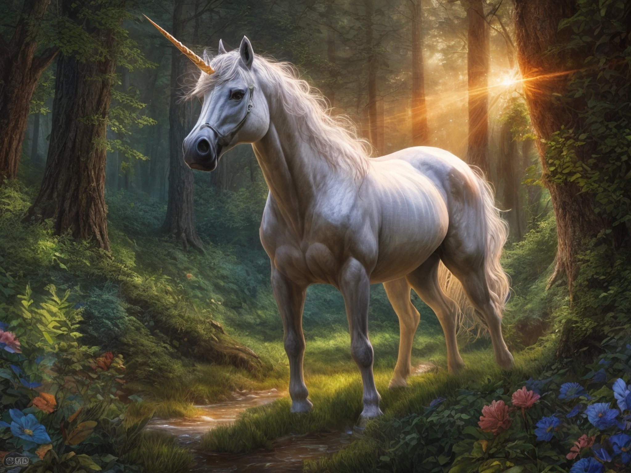 a picture of a unicorn in a forest clearing, an epic unicorn (best detailed, Masterpiece, best quality)  watching a forest clearing, there are plenty of trees and flowers, a stream of water, sunset light, sun rays, DruidMagicAI, fantasy art, forest magic magv1ll, D&D art, RPG art, magical atmosphere magic-fantasy-forest, ultra best realistic, best details, best quality, 16k, [ultra detailed], masterpiece, best quality, (extremely detailed), ultra wide shot, photorealism, depth of field, hyper realistic painting, 3D render