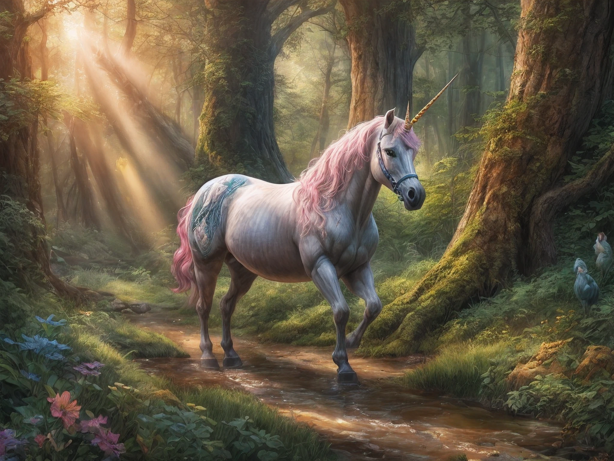 a picture of a unicorn in a forest clearing, an epic unicorn (best detailed, Masterpiece, best quality)  watching a forest clearing, there are plenty of trees and flowers, a stream of water, sunset light, sun rays, fantasy art, forest magic,  D&D art, RPG art, magical atmosphere ultra best realistic, best details, best quality, 16k, [ultra detailed], masterpiece, best quality, (extremely detailed), ultra wide shot, photorealism, depth of field, hyper realistic painting,