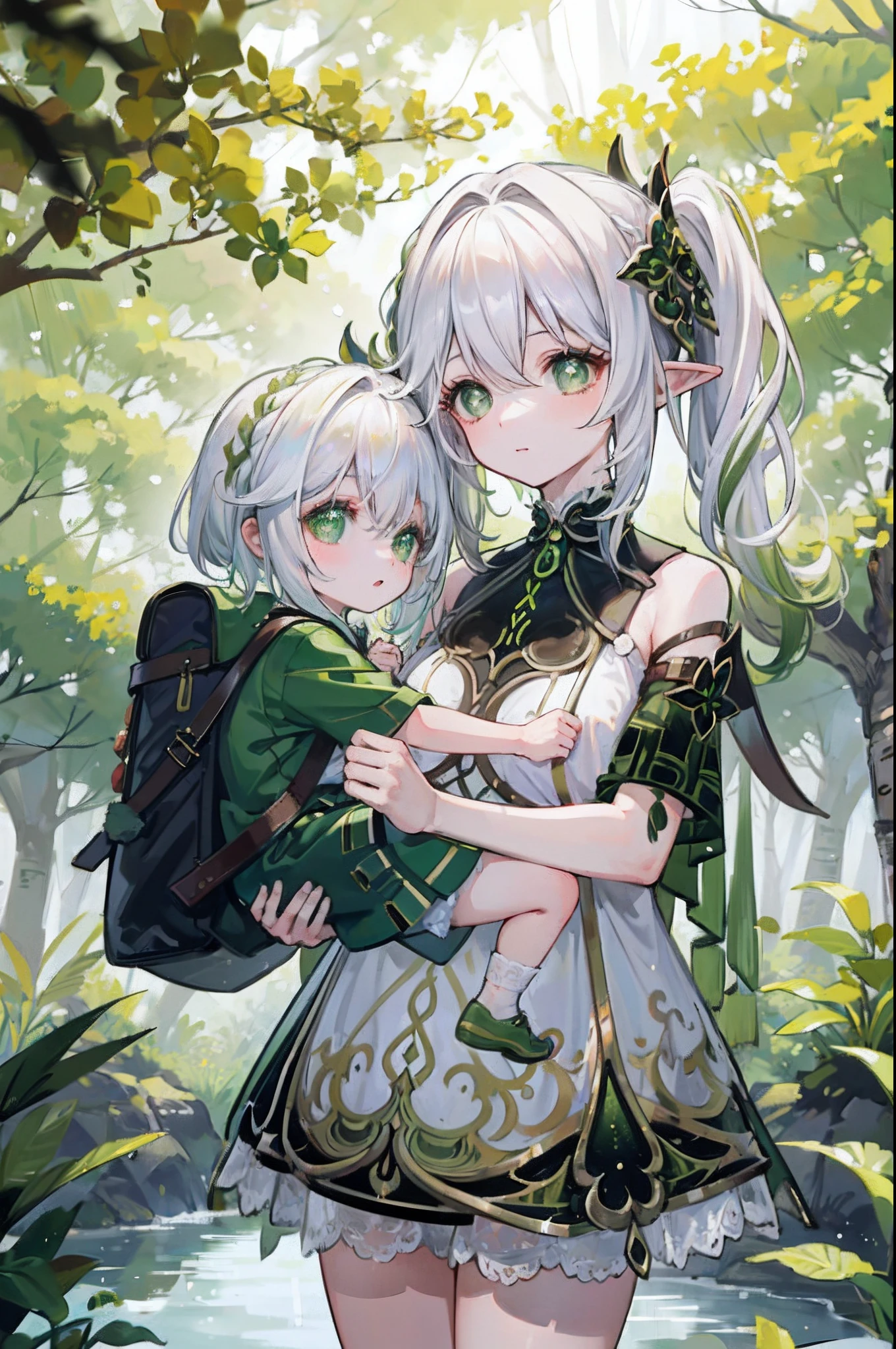 Two girls,forest backgrou,Best quality, Expressive eyes, Perfect face,Mother and child,Mother and child traveling in the forest,rainforests,Genshin,by WLOP,High quality,(Less noise),A softer picture,Short hair,White hair,Green hair,Nahida