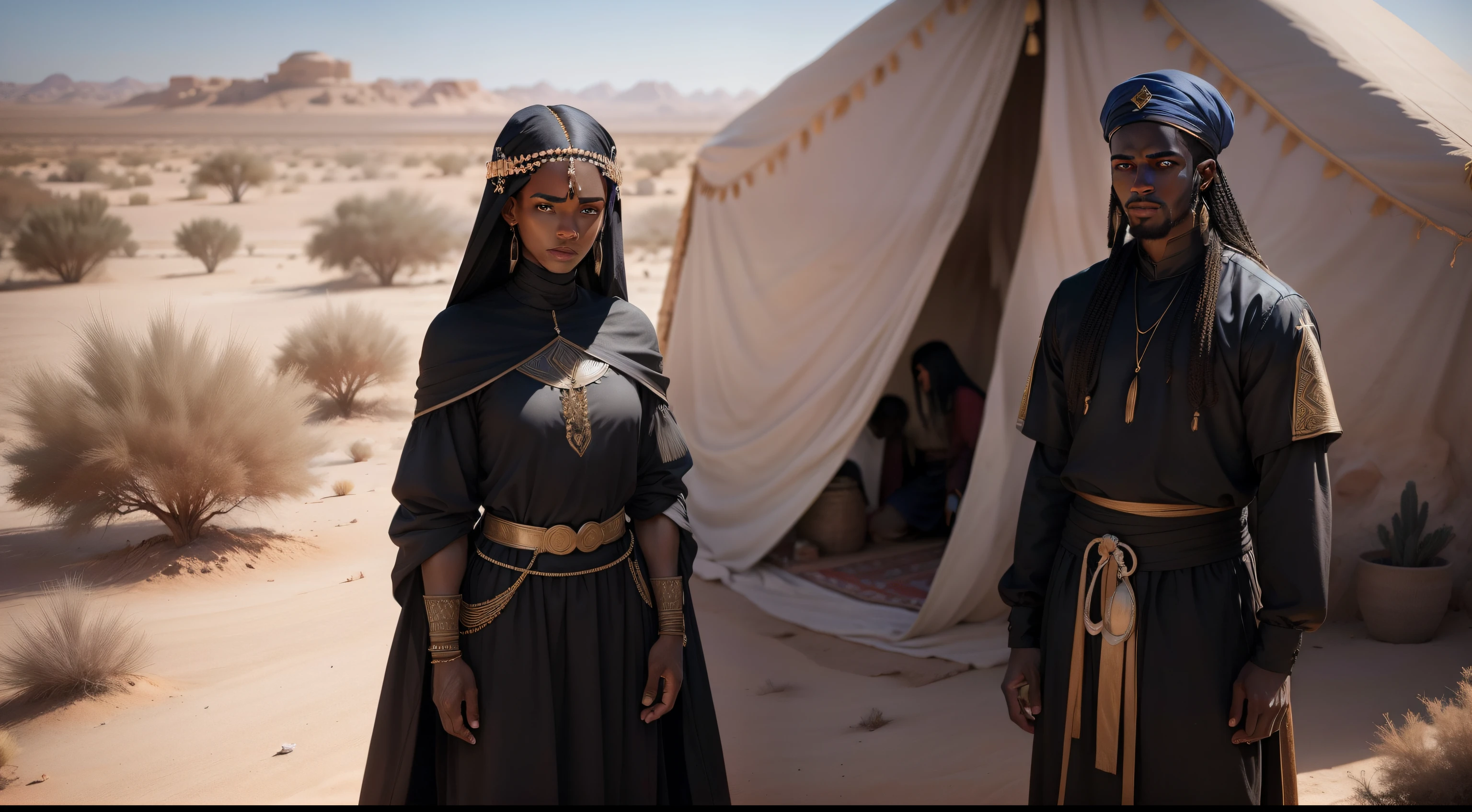 a man two woman wearing Hebrew clothes from biblical times black with blue eyes a black man with clothes from biblical times straight hair braba in the desert oasis desert vegetation