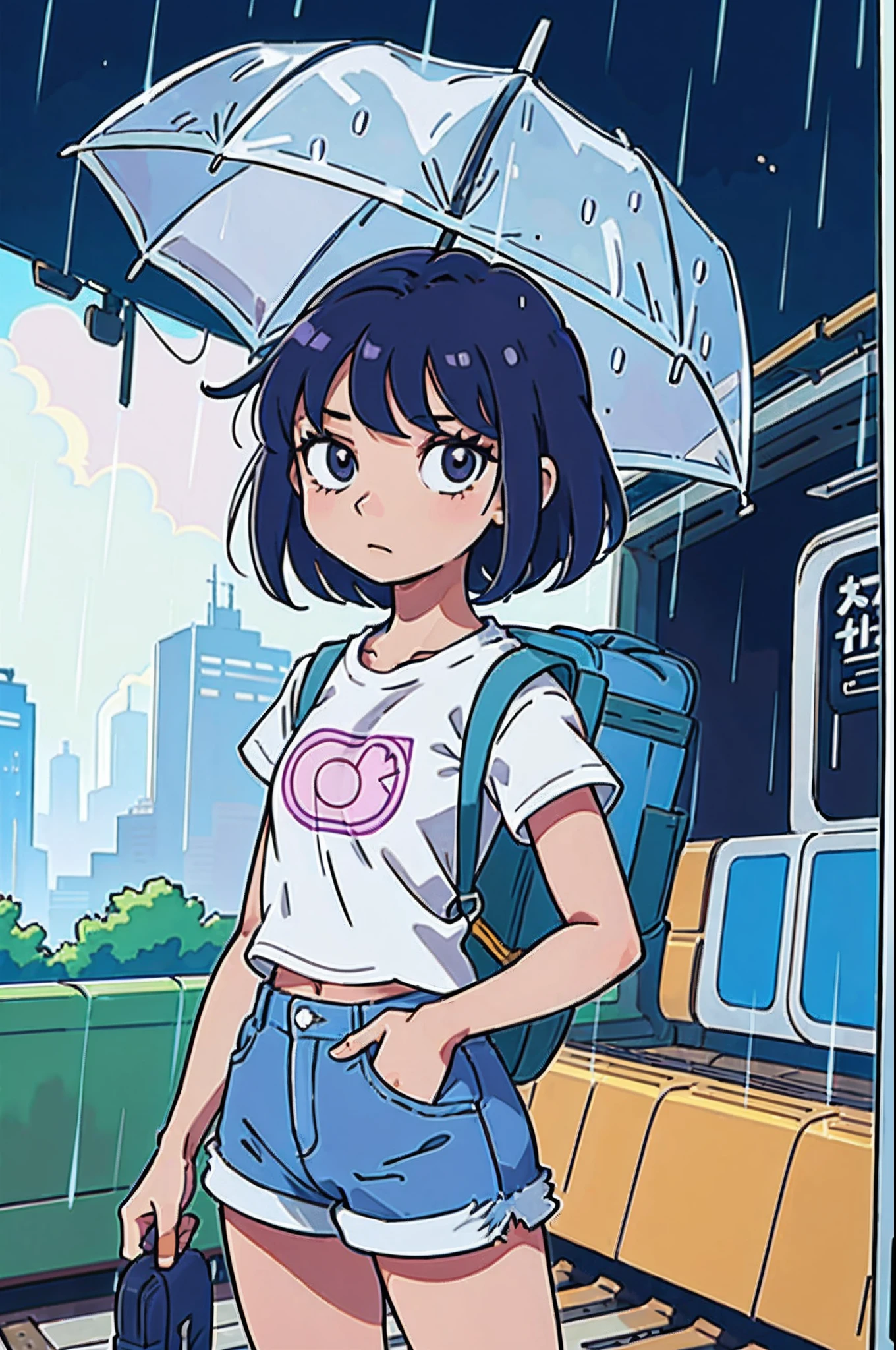(best-quality:0.8), (best-quality:0.8), perfect anime illustration, Dora the explorer, , hot pants, loose fitted tee, standing at a train station in the rain